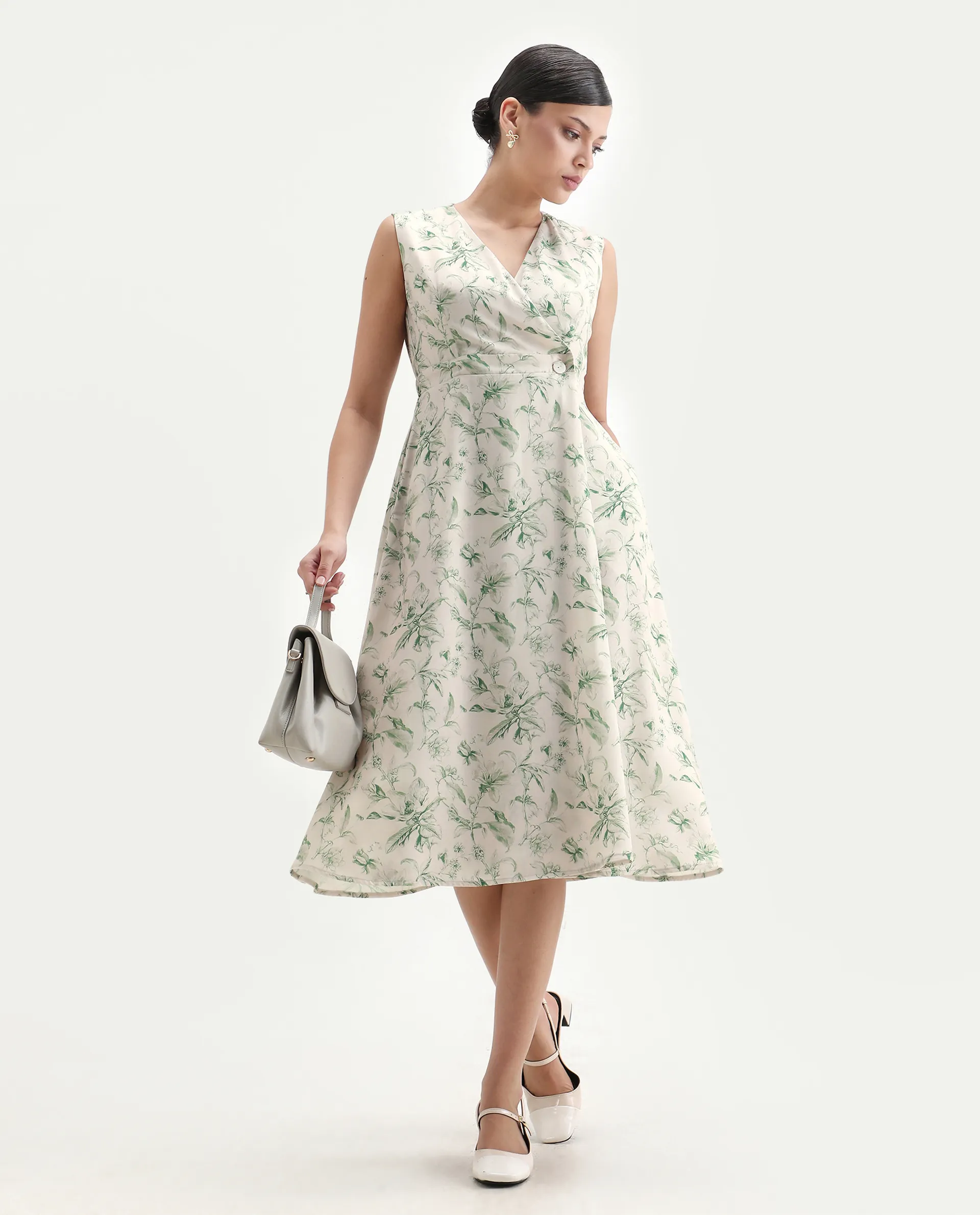 Rareism Women's Eleta Light Green Polyester V-Neck A-Line Floral Print Midi Dress - Image 2