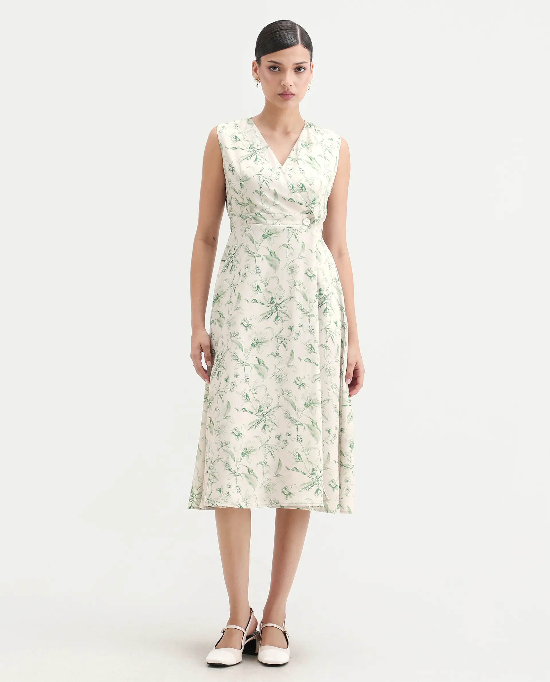 Rareism Women's Eleta Light Green Polyester V-Neck A-Line Floral Print Midi Dress - Image 3