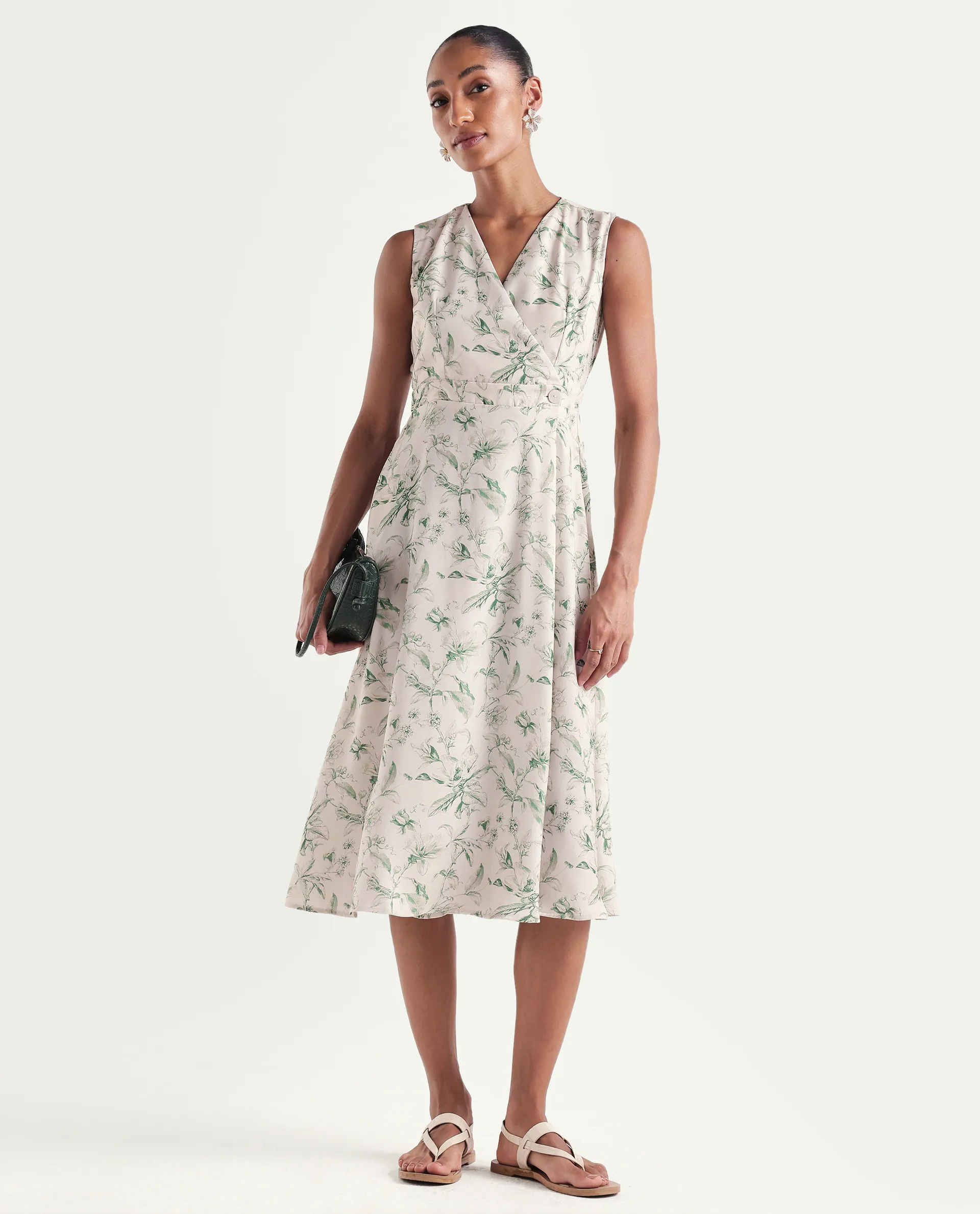 Rareism Women's Eletass26 Light Green Sleeveless V-Neck A-Line Printed Dress - Image 2