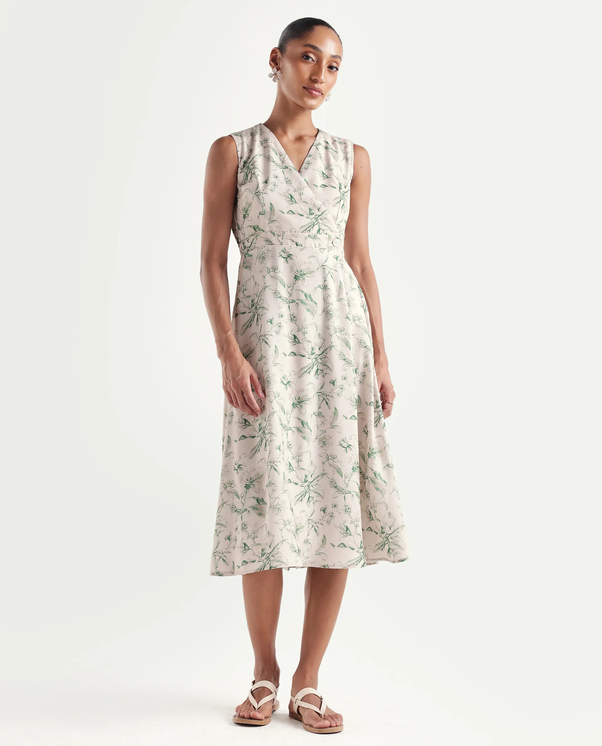 Rareism Women's Eletass26 Light Green Sleeveless V-Neck A-Line Printed Dress - Image 4