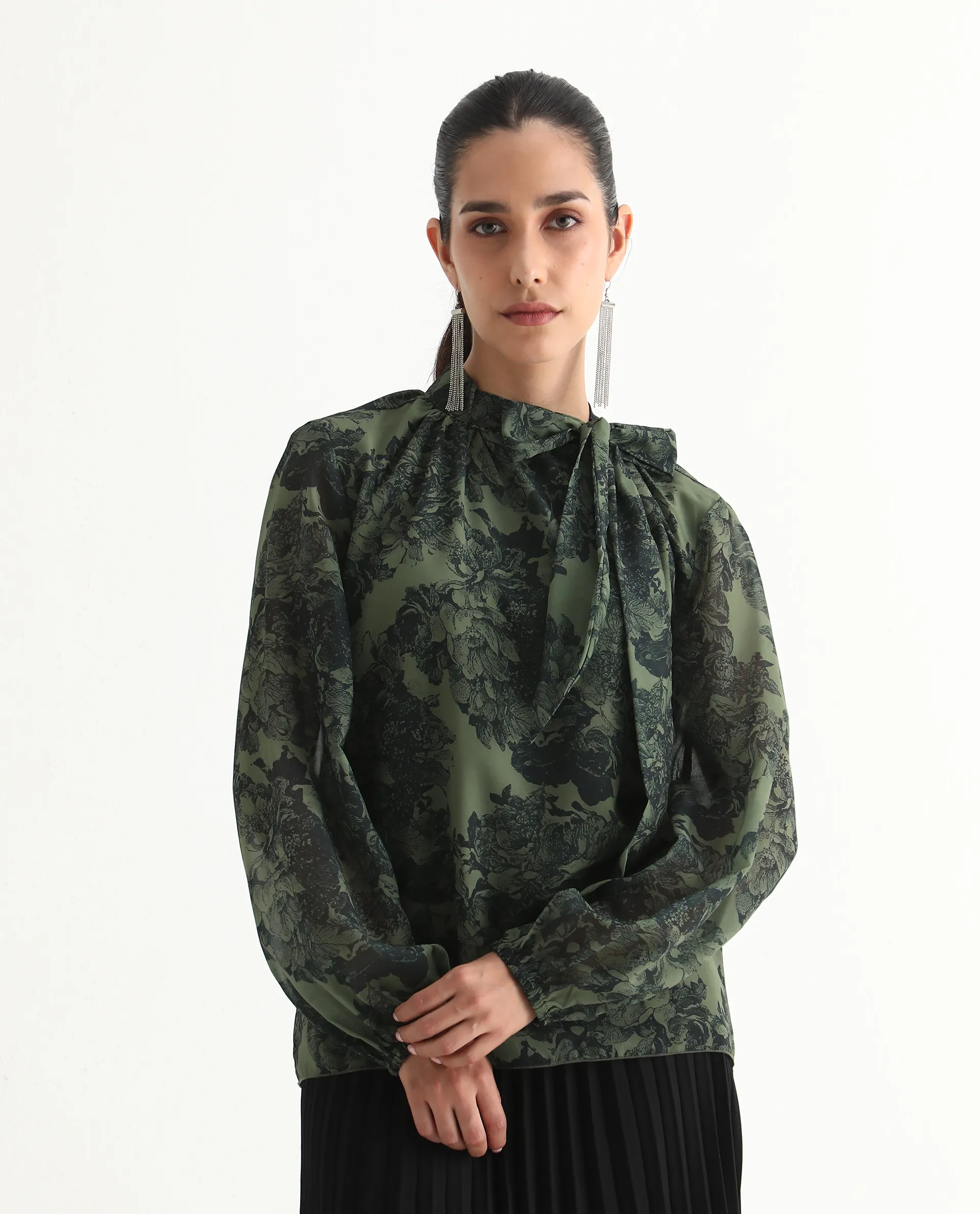 Rareism Women's Eleth Dark Green Polyester Bishop Sleeve Tie-Up Neck Regular Fit Top - Image 2
