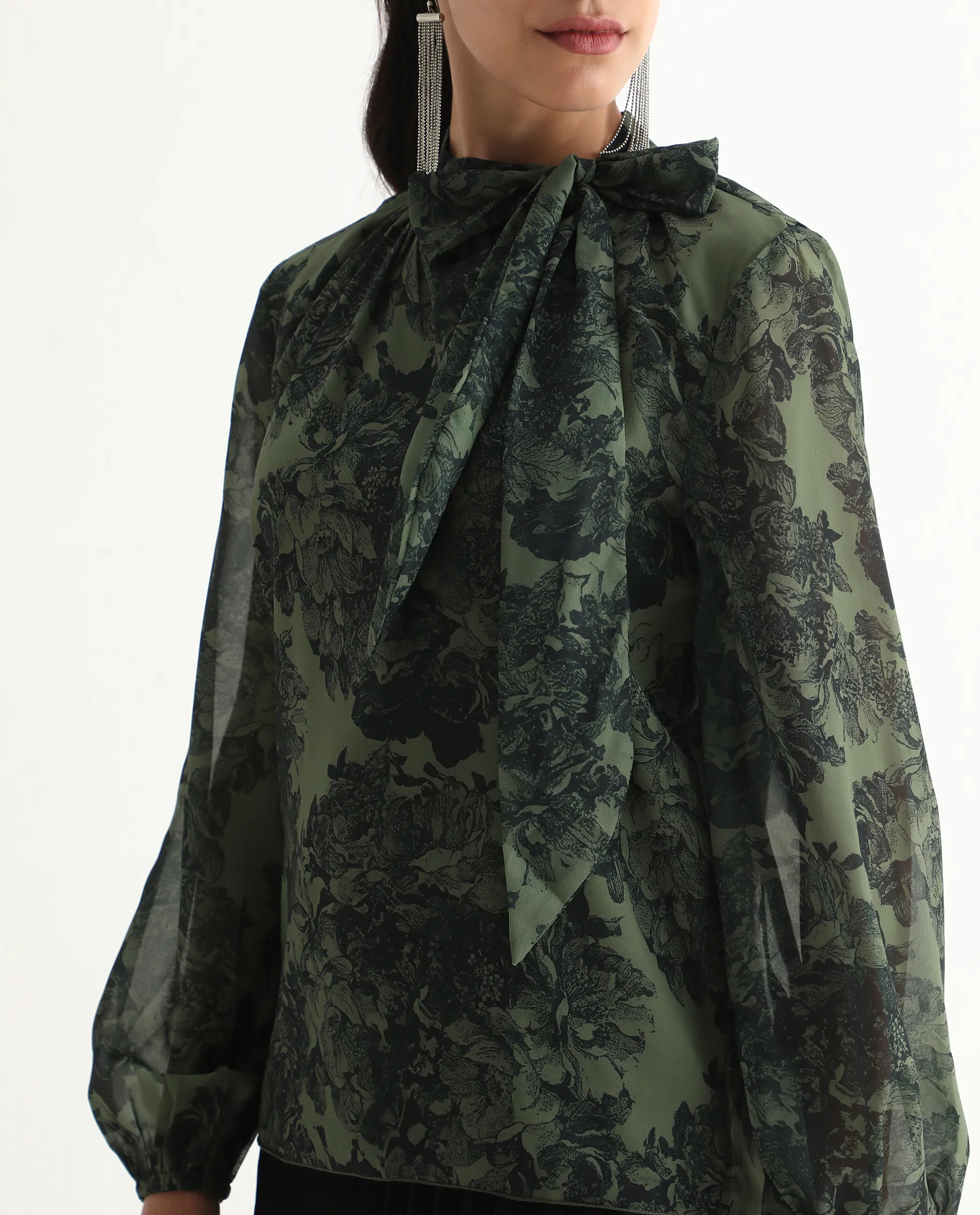Rareism Women's Eleth Dark Green Polyester Bishop Sleeve Tie-Up Neck Regular Fit Top - Image 3