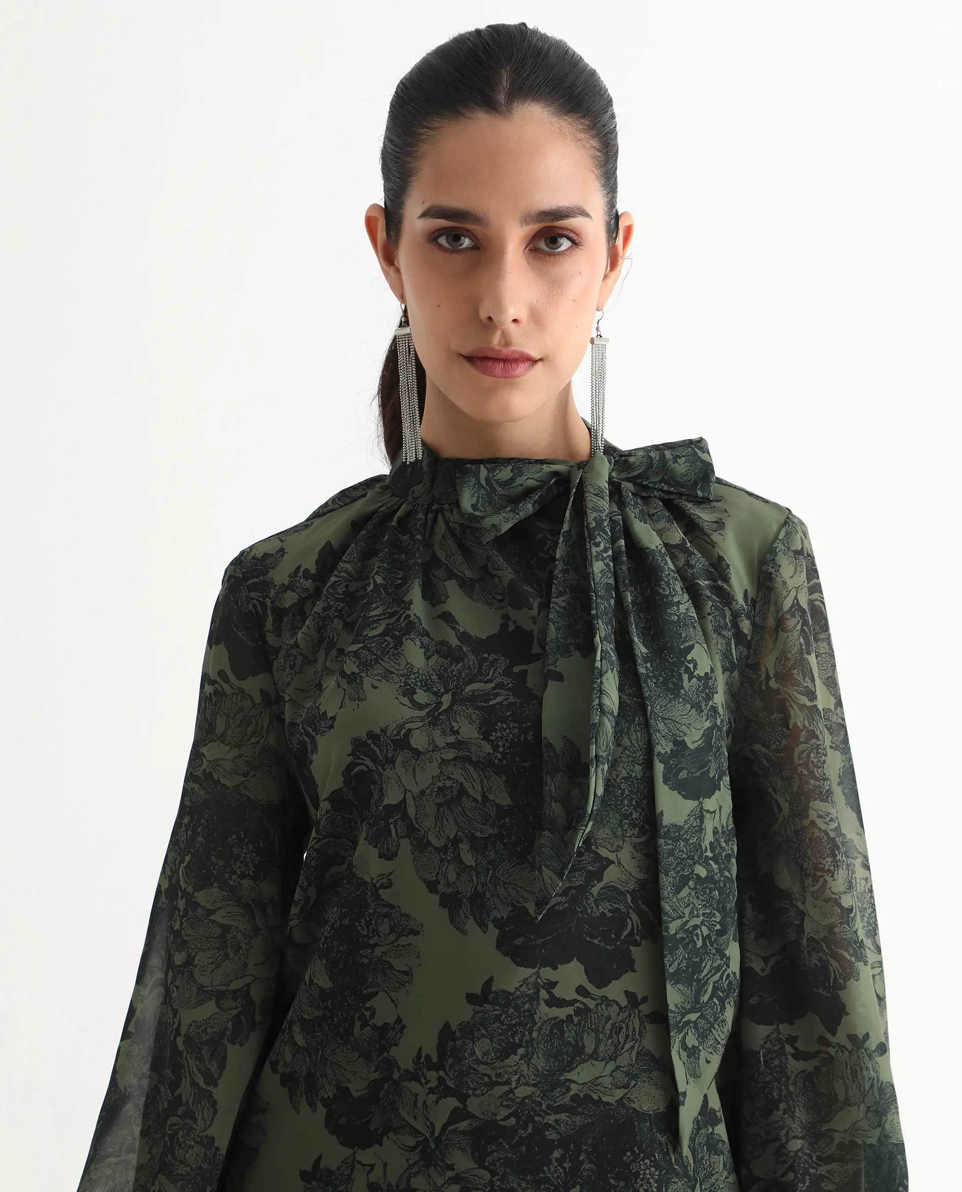 Rareism Women's Eleth Dark Green Polyester Bishop Sleeve Tie-Up Neck Regular Fit Top - Image 4