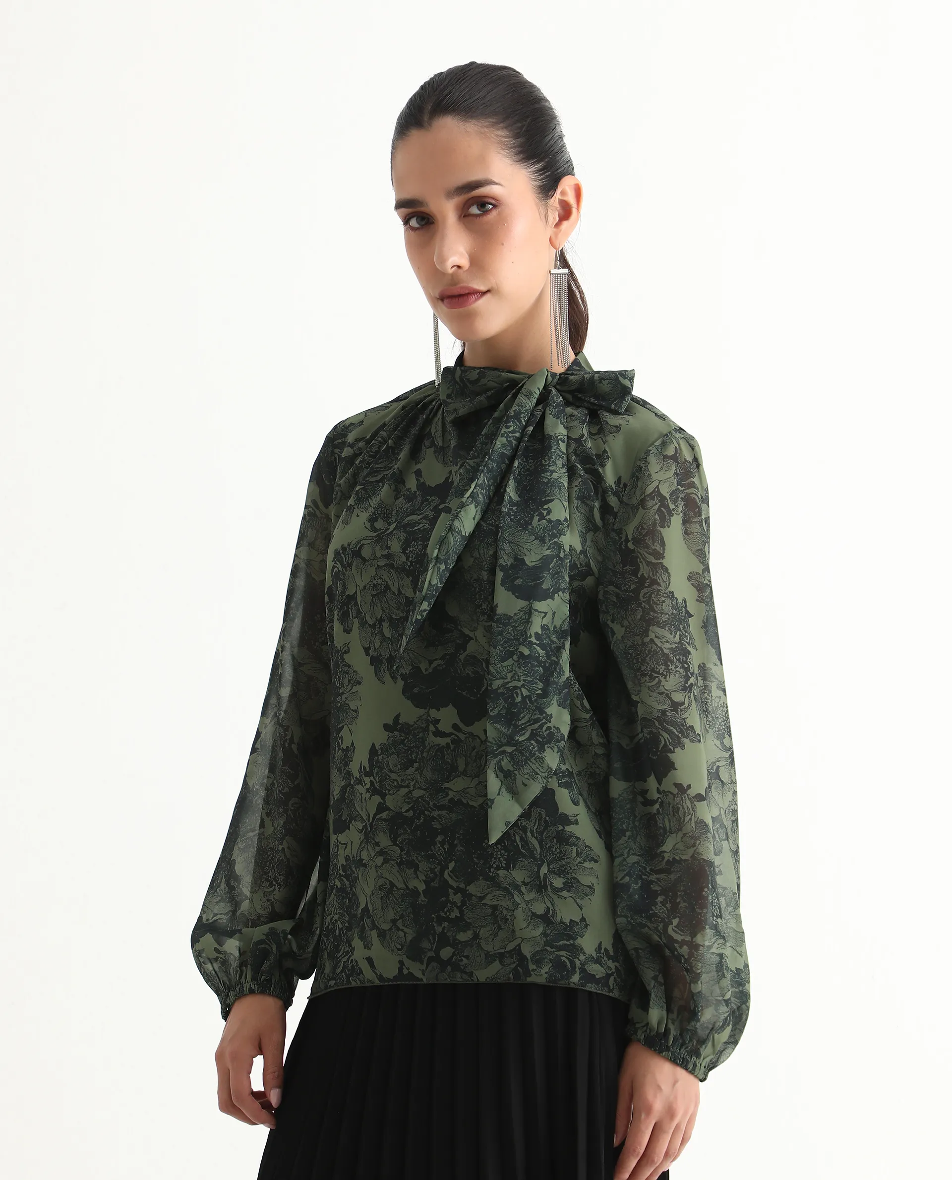 Rareism Women's Eleth Dark Green Polyester Bishop Sleeve Tie-Up Neck Regular Fit Top - Image 5