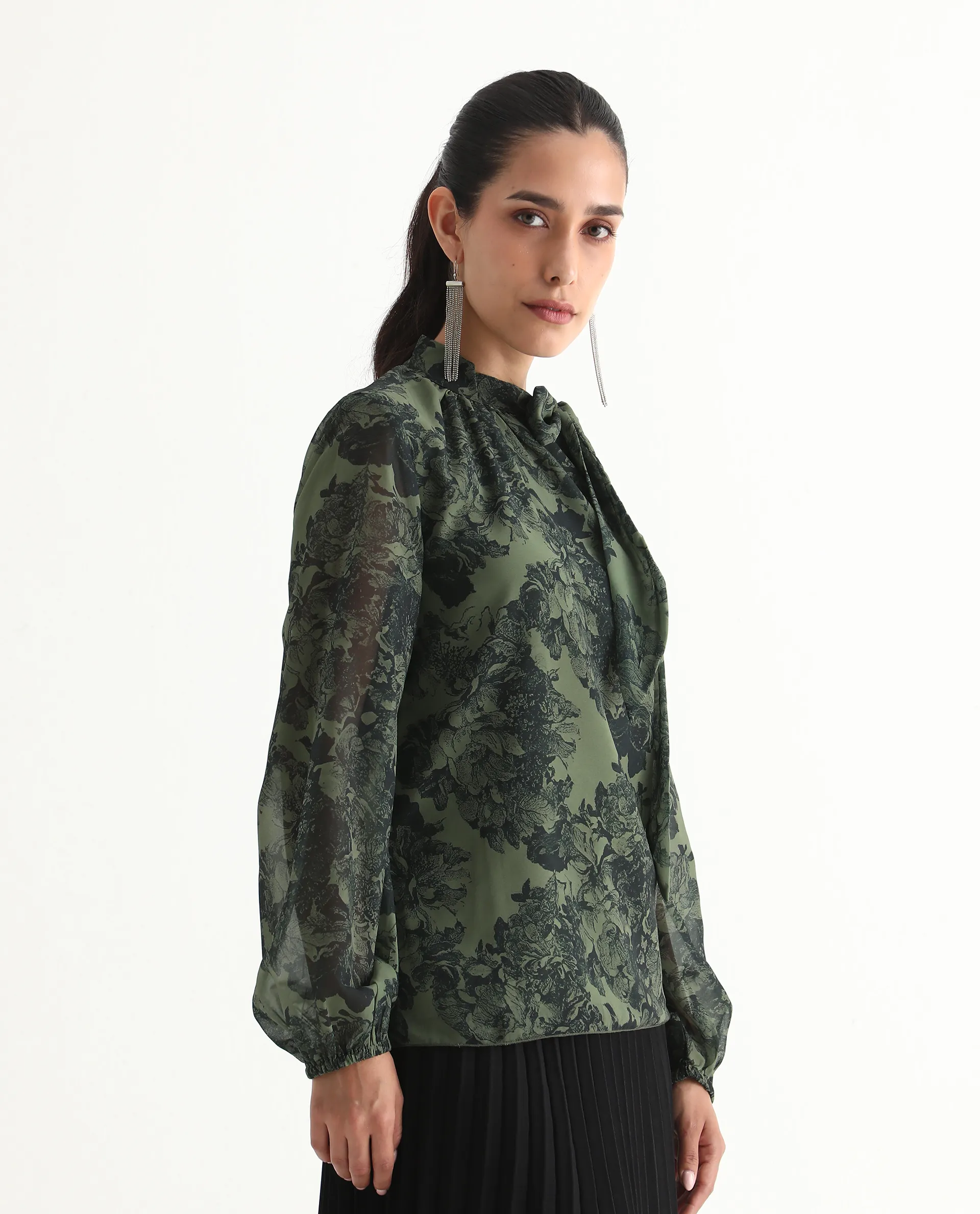 Rareism Women's Eleth Dark Green Polyester Bishop Sleeve Tie-Up Neck Regular Fit Top - Image 6