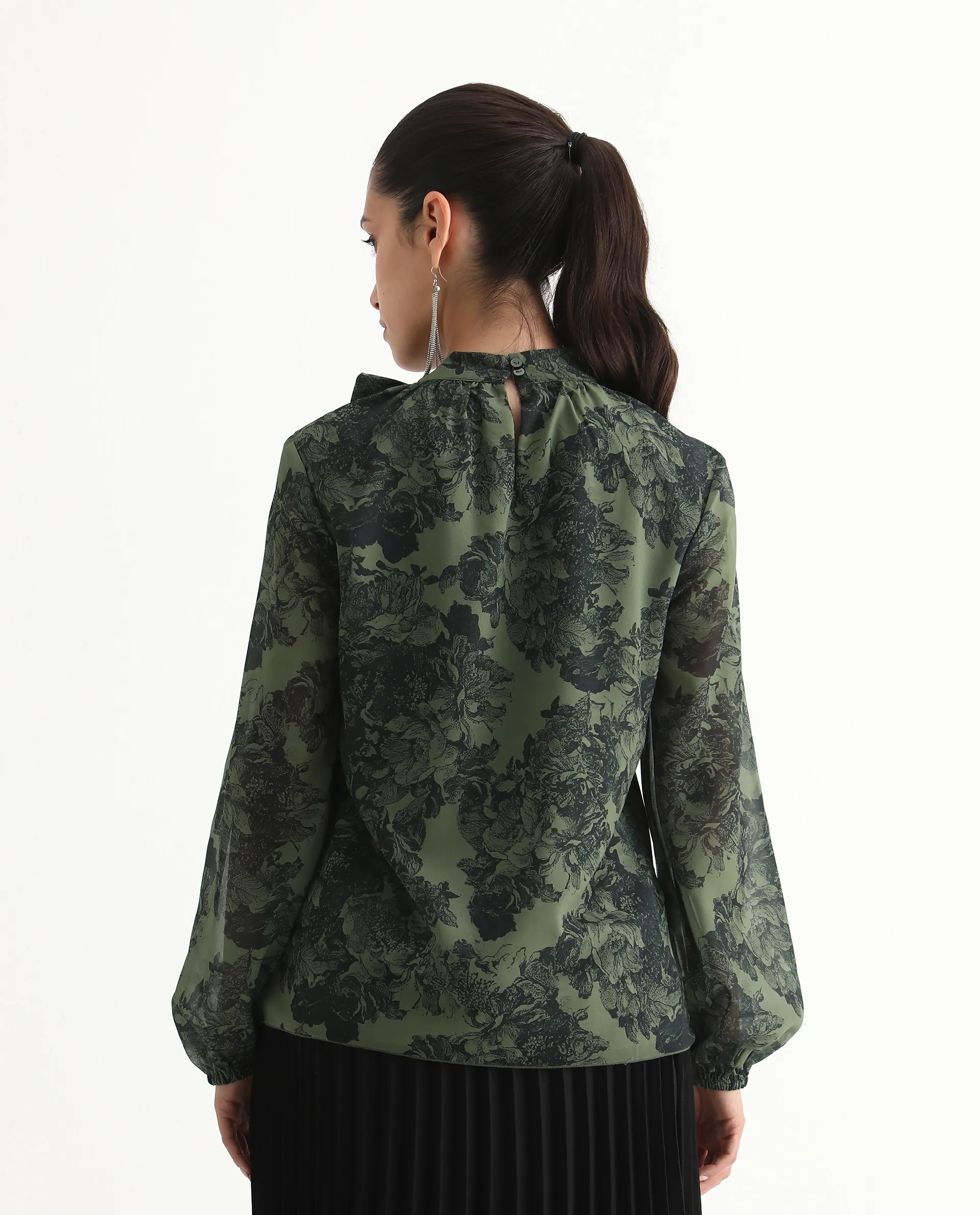 Rareism Women's Eleth Dark Green Polyester Bishop Sleeve Tie-Up Neck Regular Fit Top - Image 8