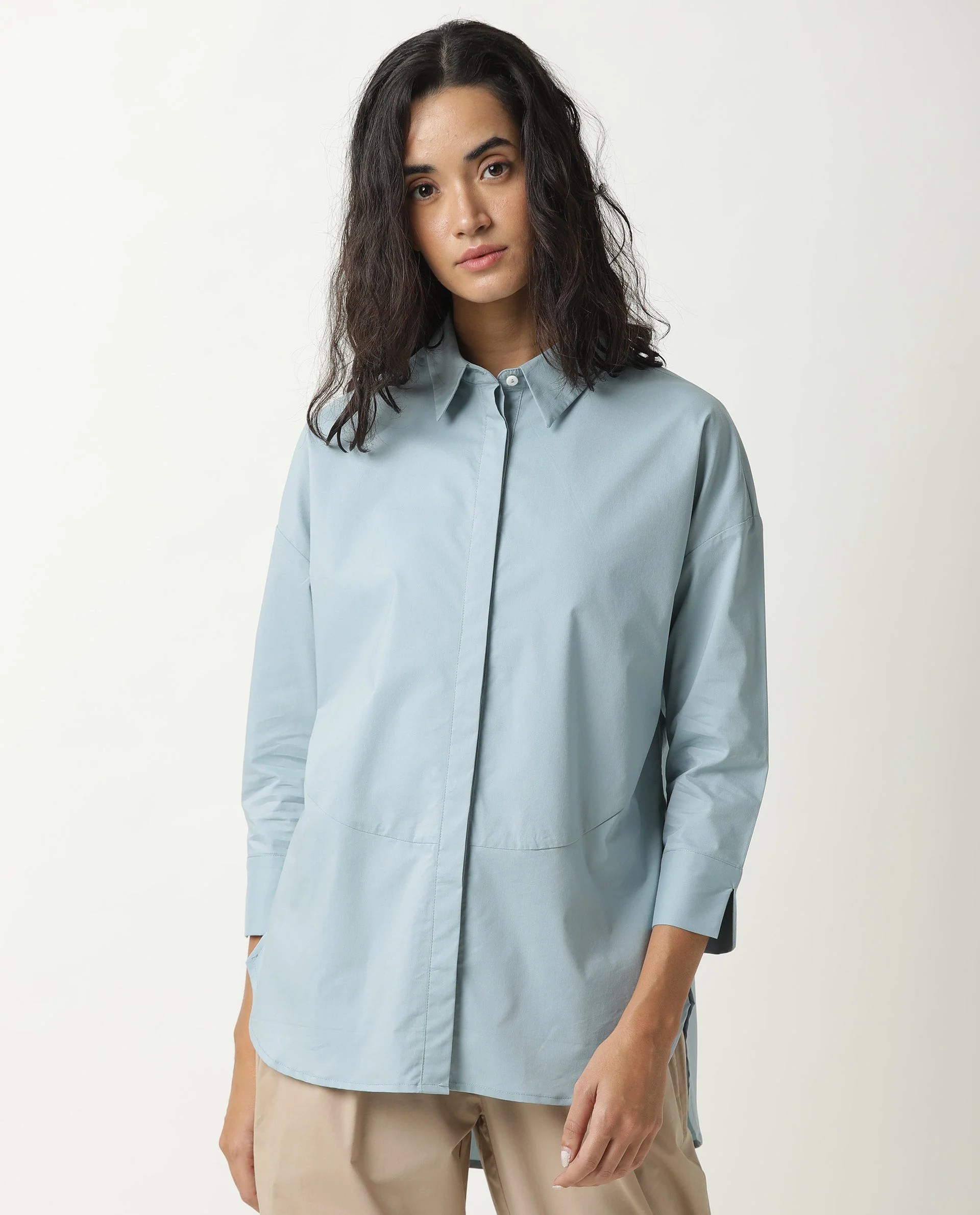 Rareism Womens Eleven Blue Top Polyester Fabric Regular Fit 3/4 Sleeve Collared Neck