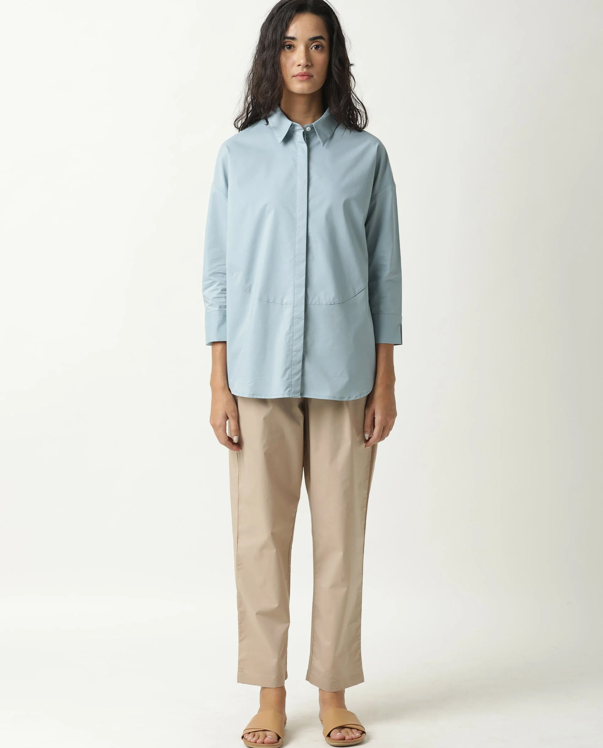 Rareism Womens Eleven Blue Top Polyester Fabric Regular Fit 3/4 Sleeve Collared Neck - Image 3