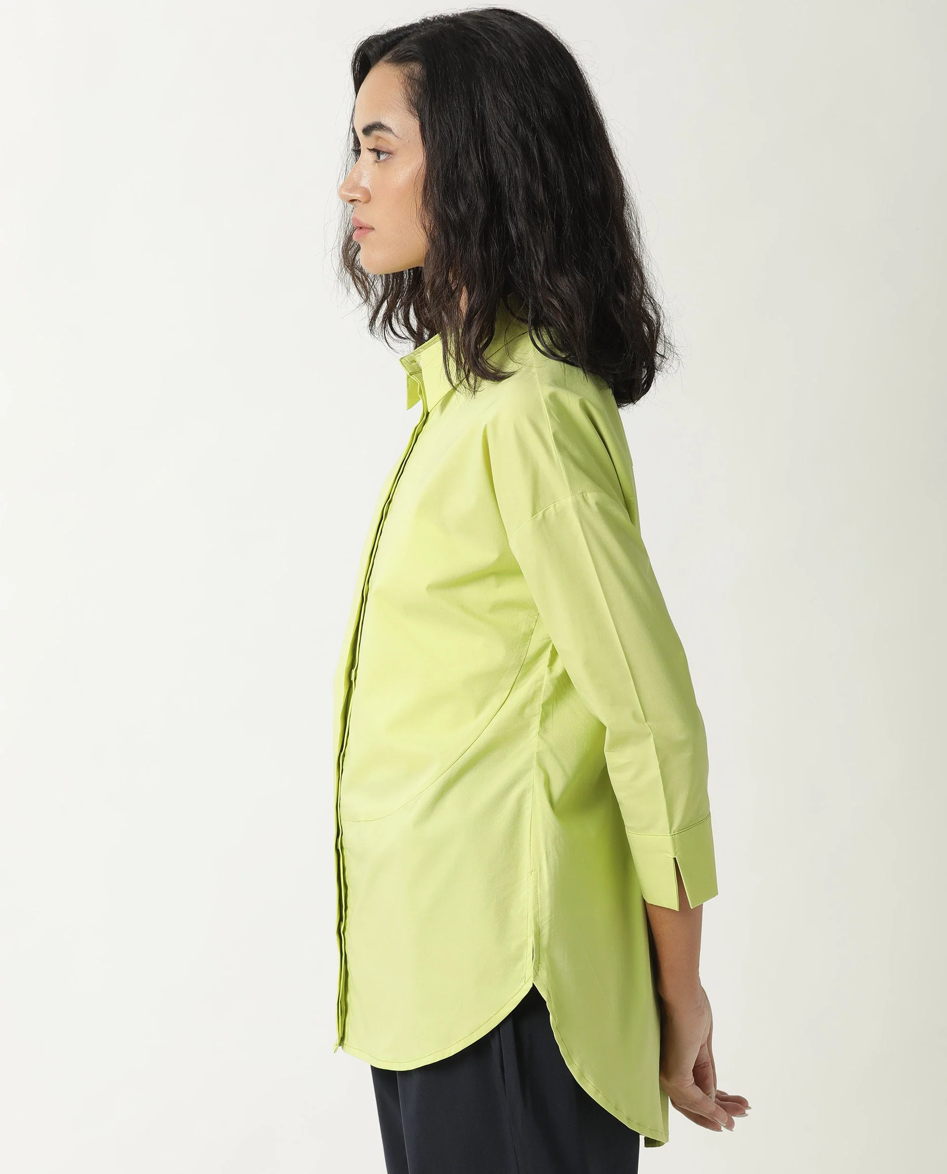Rareism Women's Eleven Green Spread Collar Plain Knee Length Tailored Top - Image 6