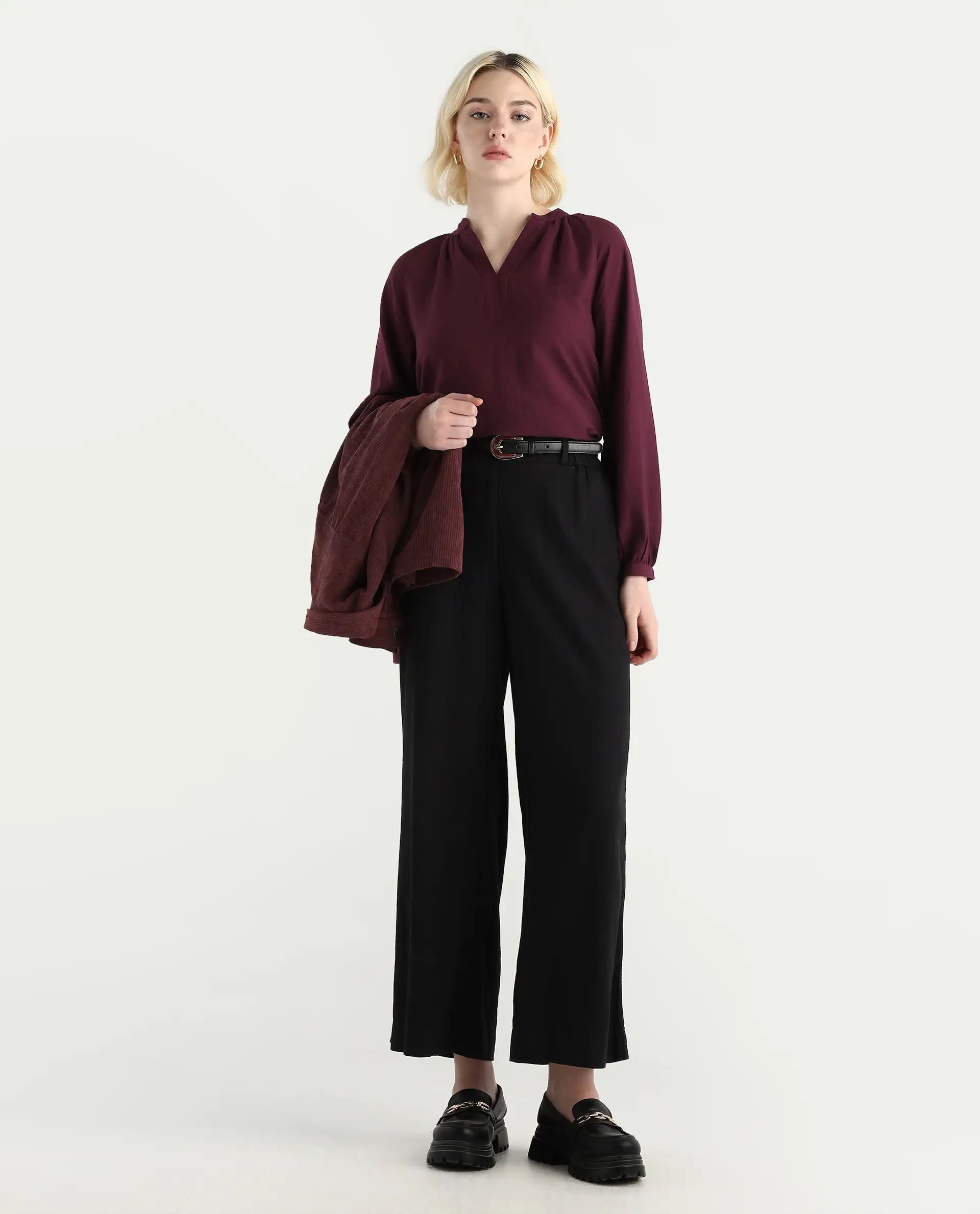 Rareism Women's Elexa Maroon 100% Polyester Raglan Sleeves Mandarin Collar Regular Fit Plain Top - Image 2