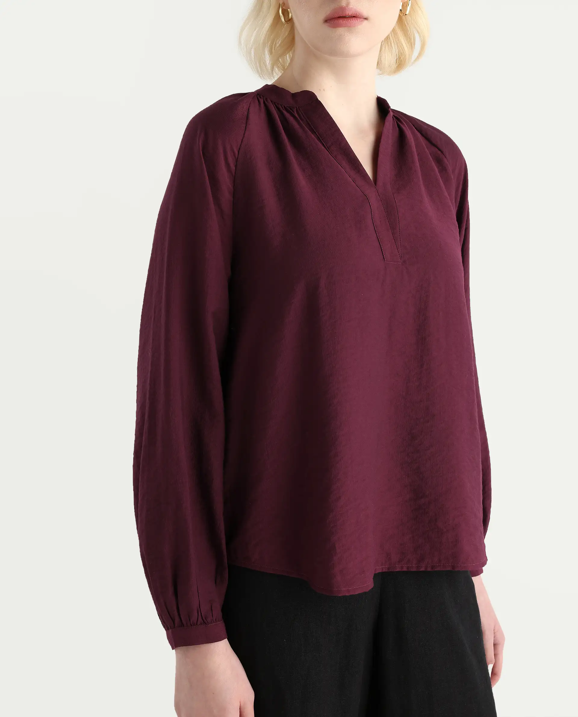 Rareism Women's Elexa Maroon 100% Polyester Raglan Sleeves Mandarin Collar Regular Fit Plain Top - Image 3