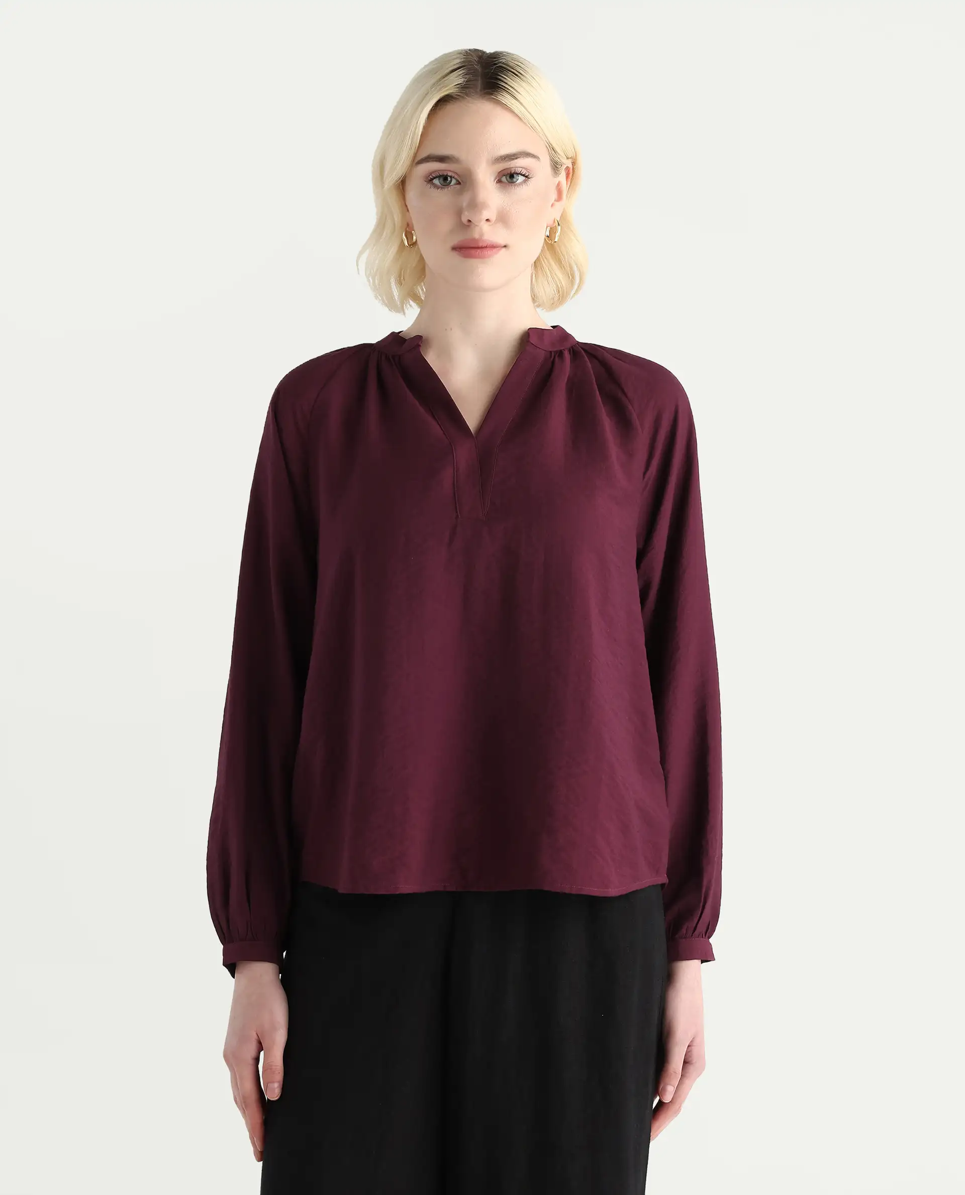 Rareism Women's Elexa Maroon 100% Polyester Raglan Sleeves Mandarin Collar Regular Fit Plain Top - Image 4