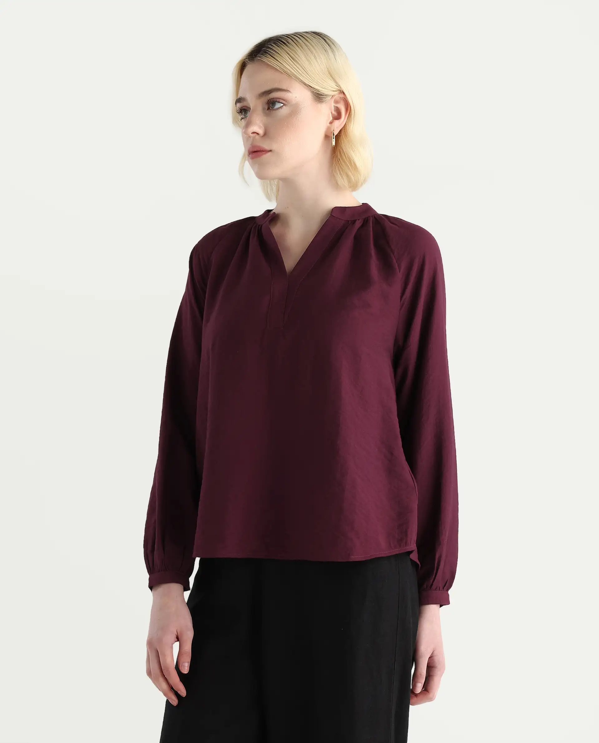 Rareism Women's Elexa Maroon 100% Polyester Raglan Sleeves Mandarin Collar Regular Fit Plain Top - Image 5