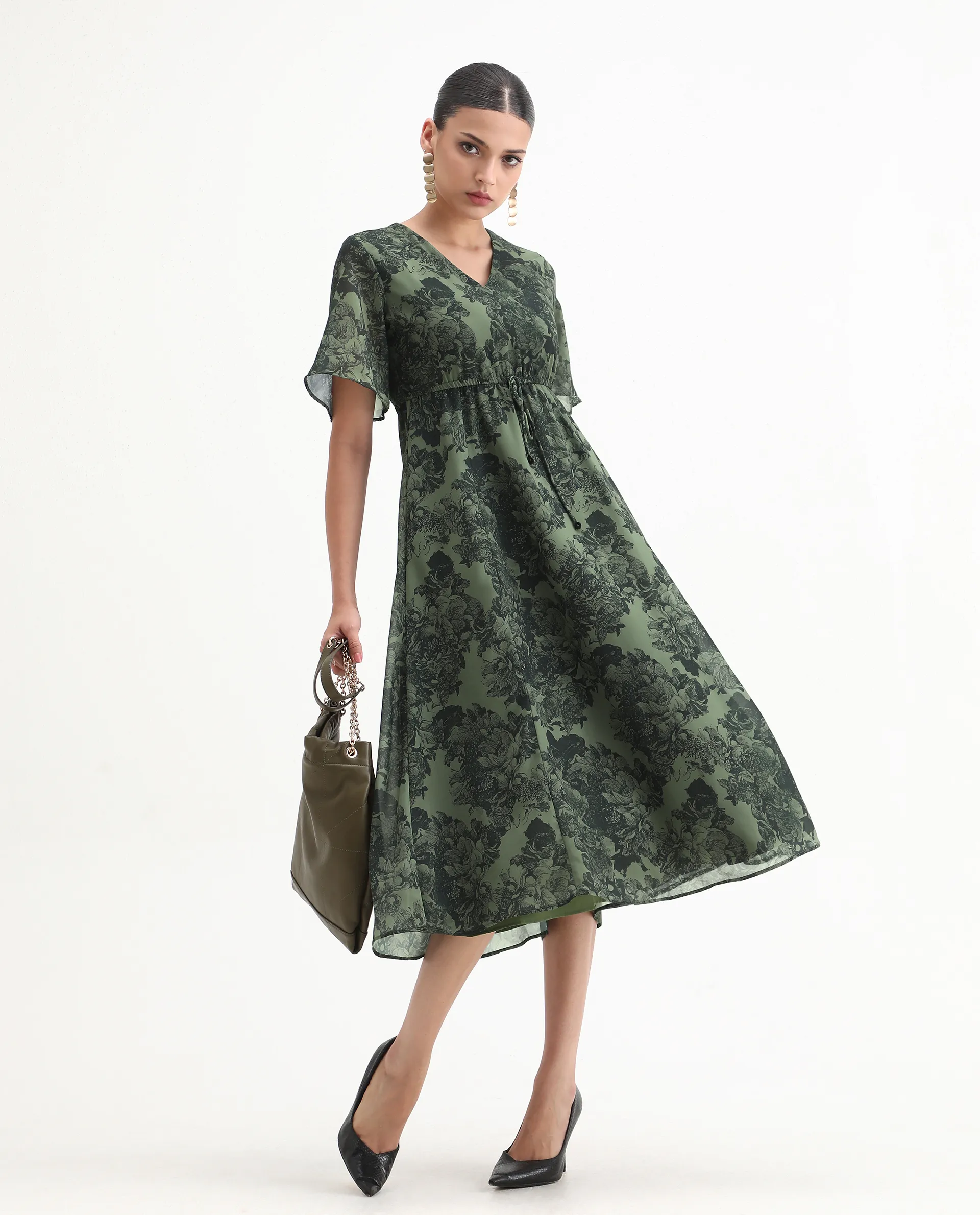 Rareism Women's Elgon Dark Green Polyester V-Neck Flared Floral Print Midi Dress - Image 2