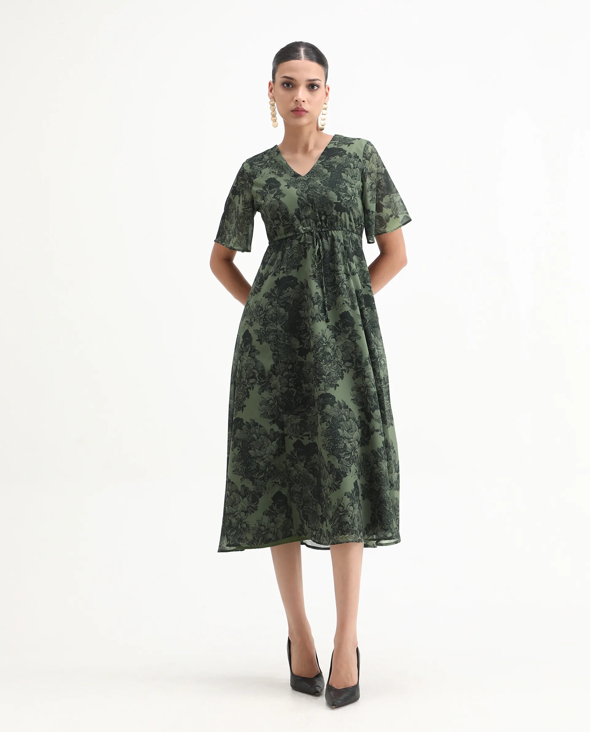 Rareism Women's Elgon Dark Green Polyester V-Neck Flared Floral Print Midi Dress - Image 3