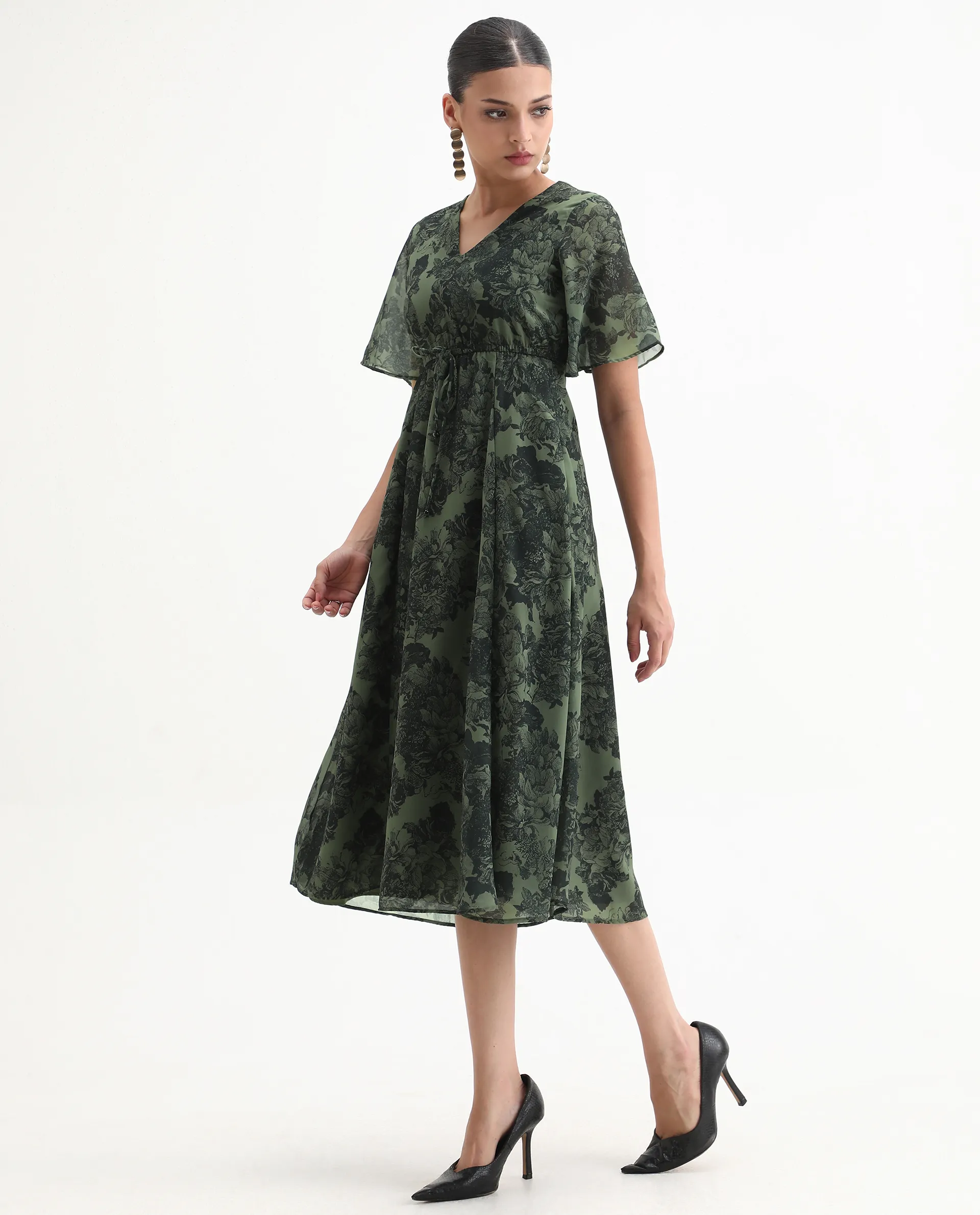 Rareism Women's Elgon Dark Green Polyester V-Neck Flared Floral Print Midi Dress - Image 5