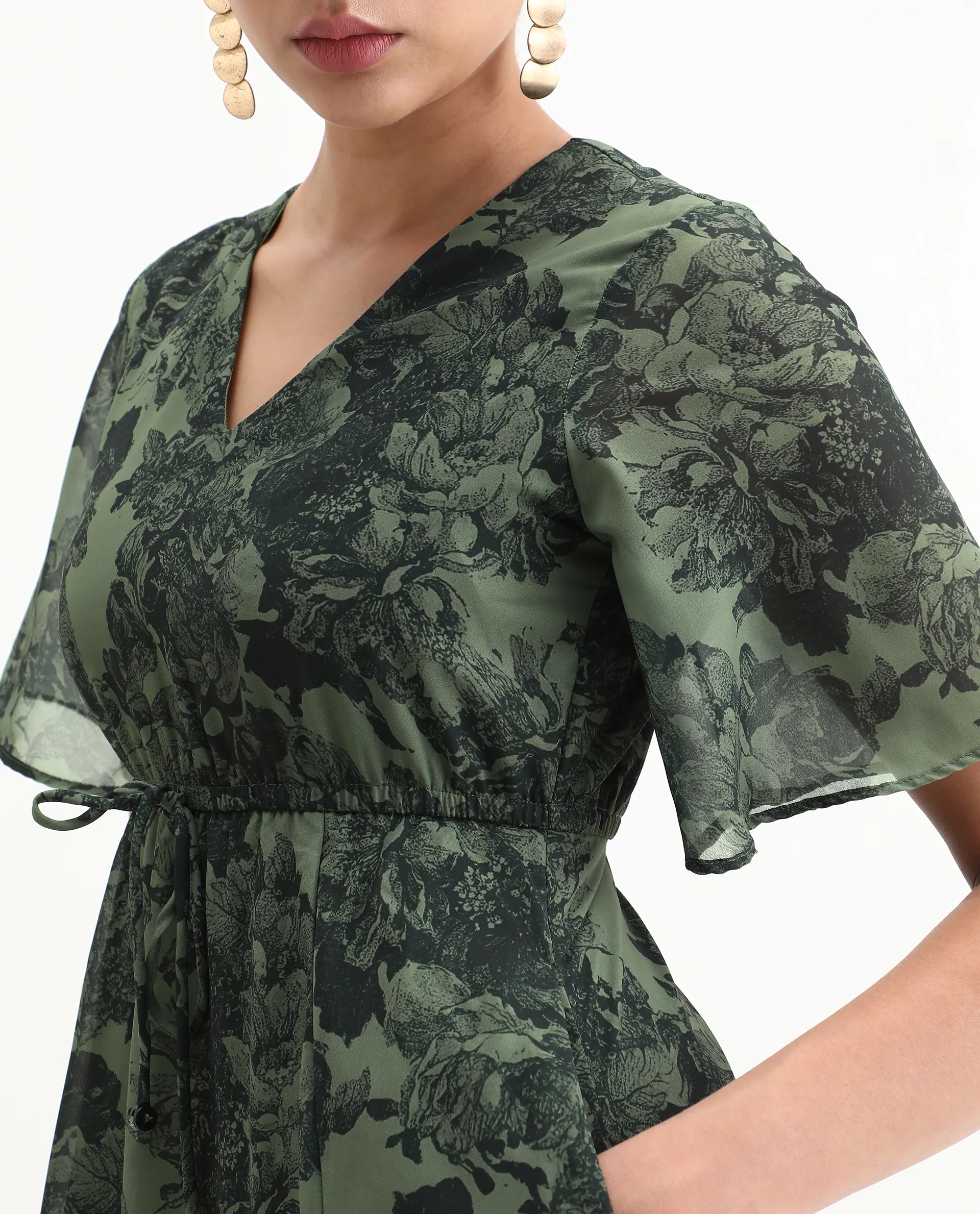Rareism Women's Elgon Dark Green Polyester V-Neck Flared Floral Print Midi Dress - Image 6