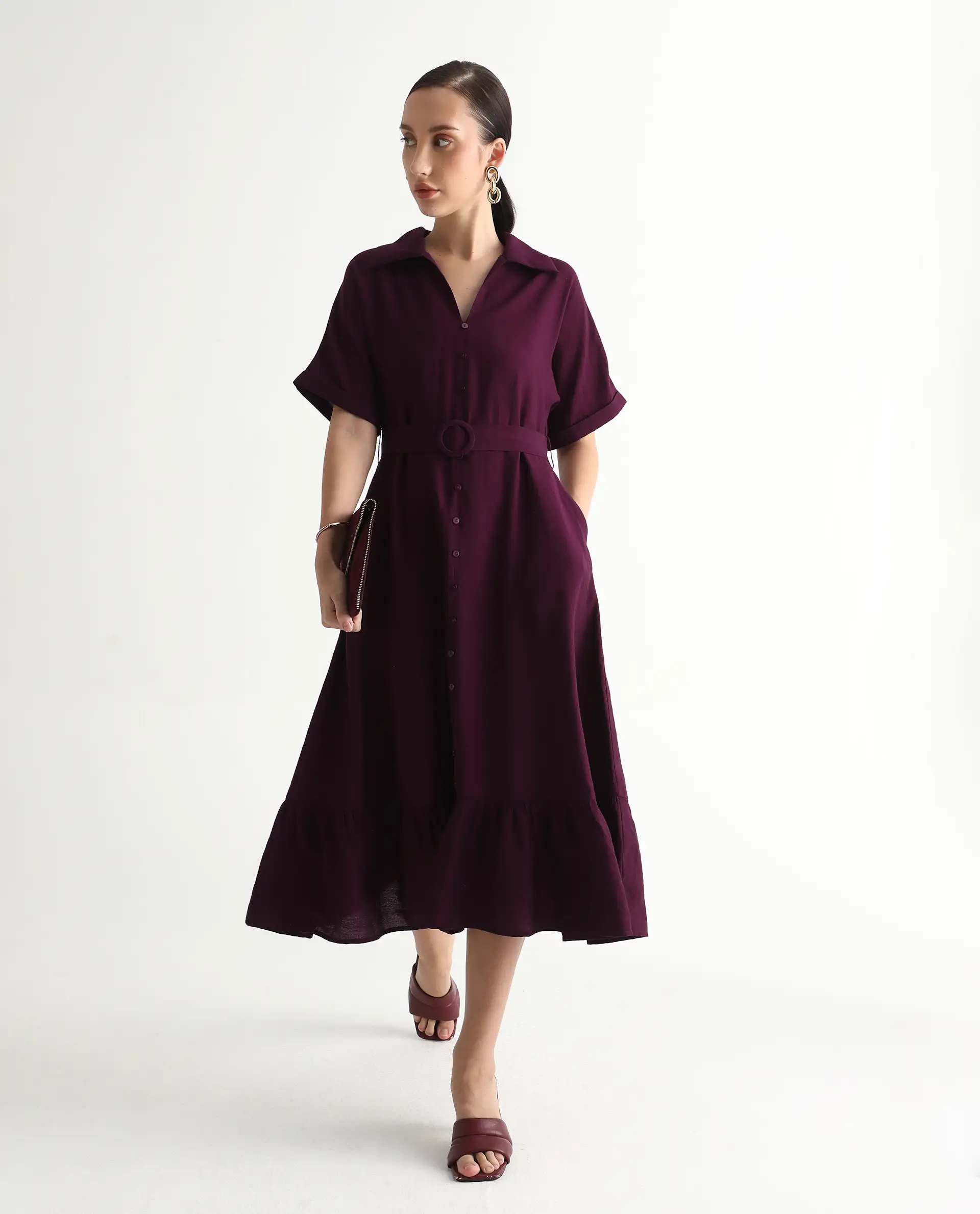 Rareism Women's Elhan Maroon Polyester Extended Sleeves Jonny Collar A-Line Fit Plain Midi Dress - Image 2