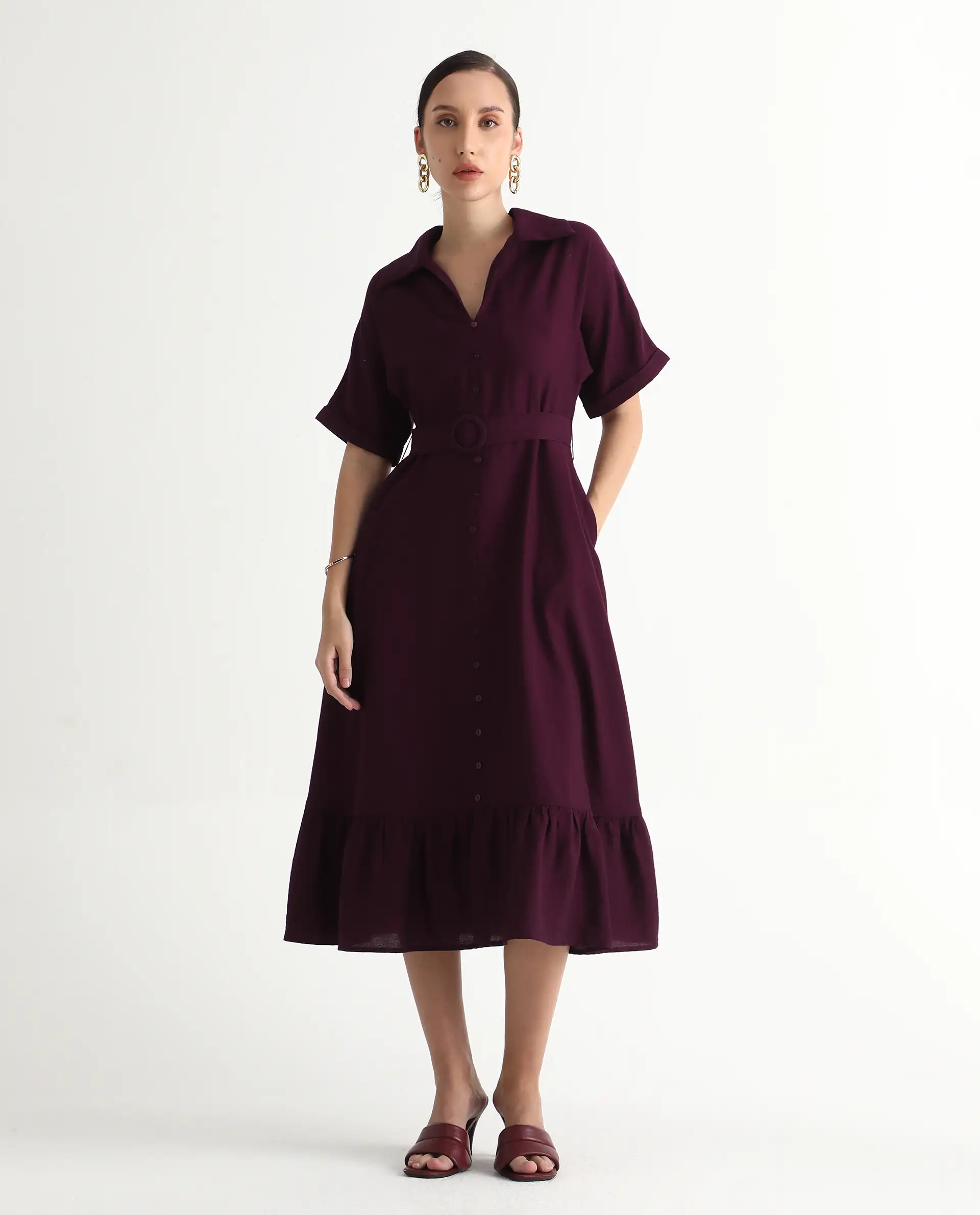Rareism Women's Elhan Maroon Polyester Extended Sleeves Jonny Collar A-Line Fit Plain Midi Dress - Image 3