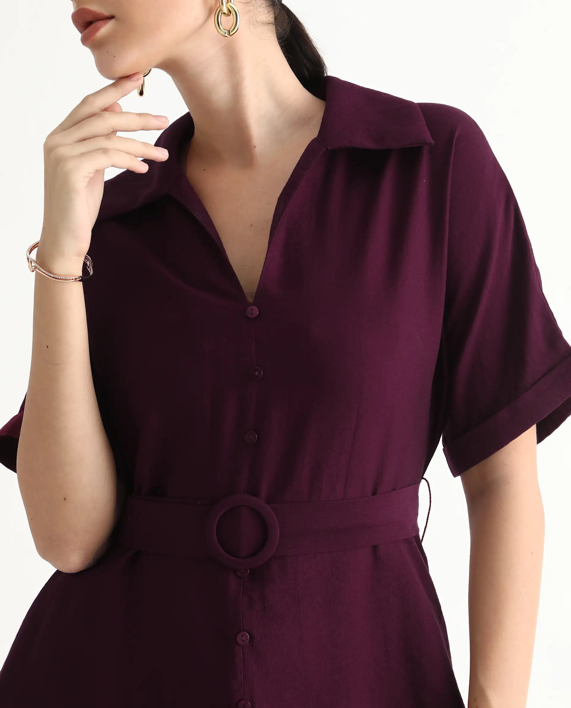 Rareism Women's Elhan Maroon Polyester Extended Sleeves Jonny Collar A-Line Fit Plain Midi Dress - Image 4