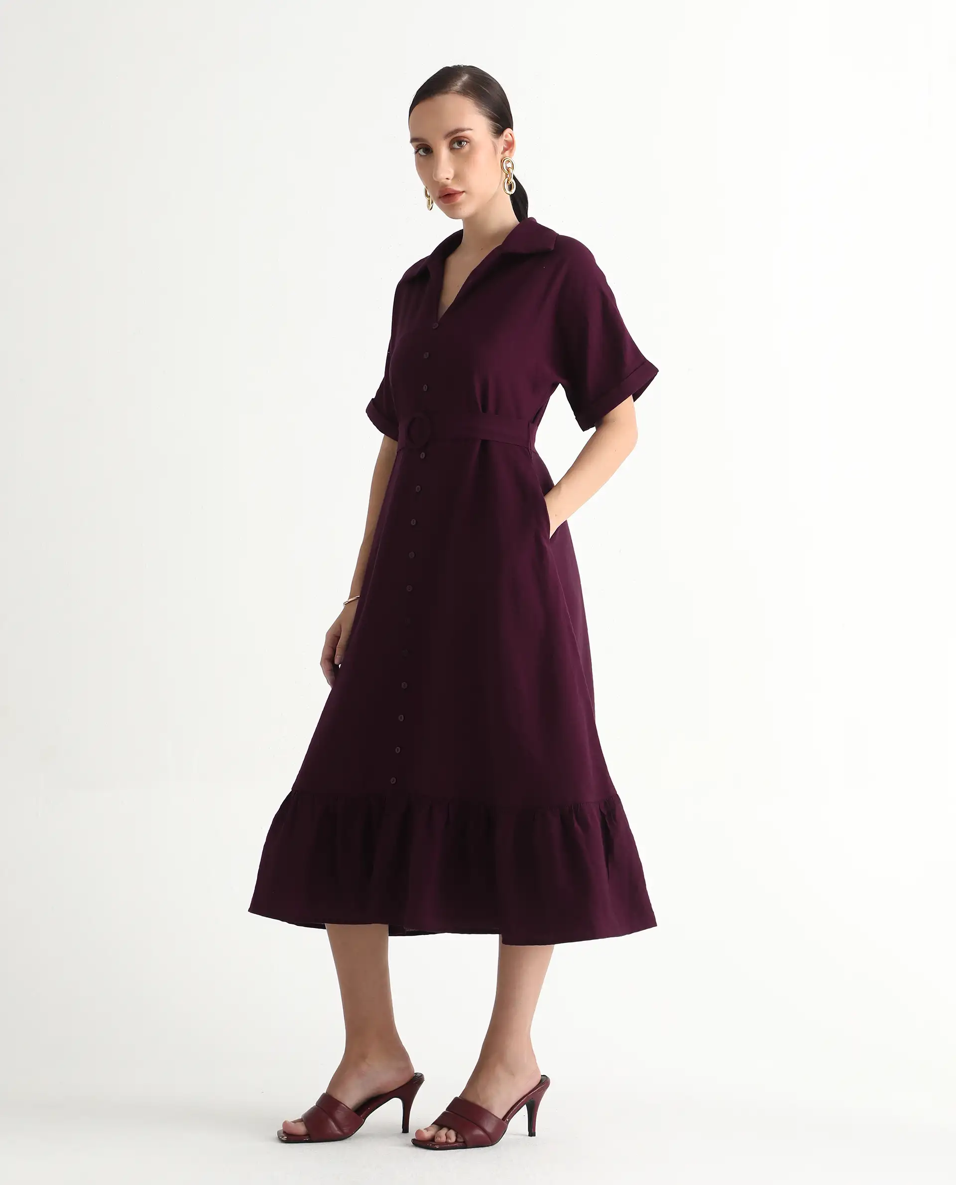 Rareism Women's Elhan Maroon Polyester Extended Sleeves Jonny Collar A-Line Fit Plain Midi Dress - Image 5