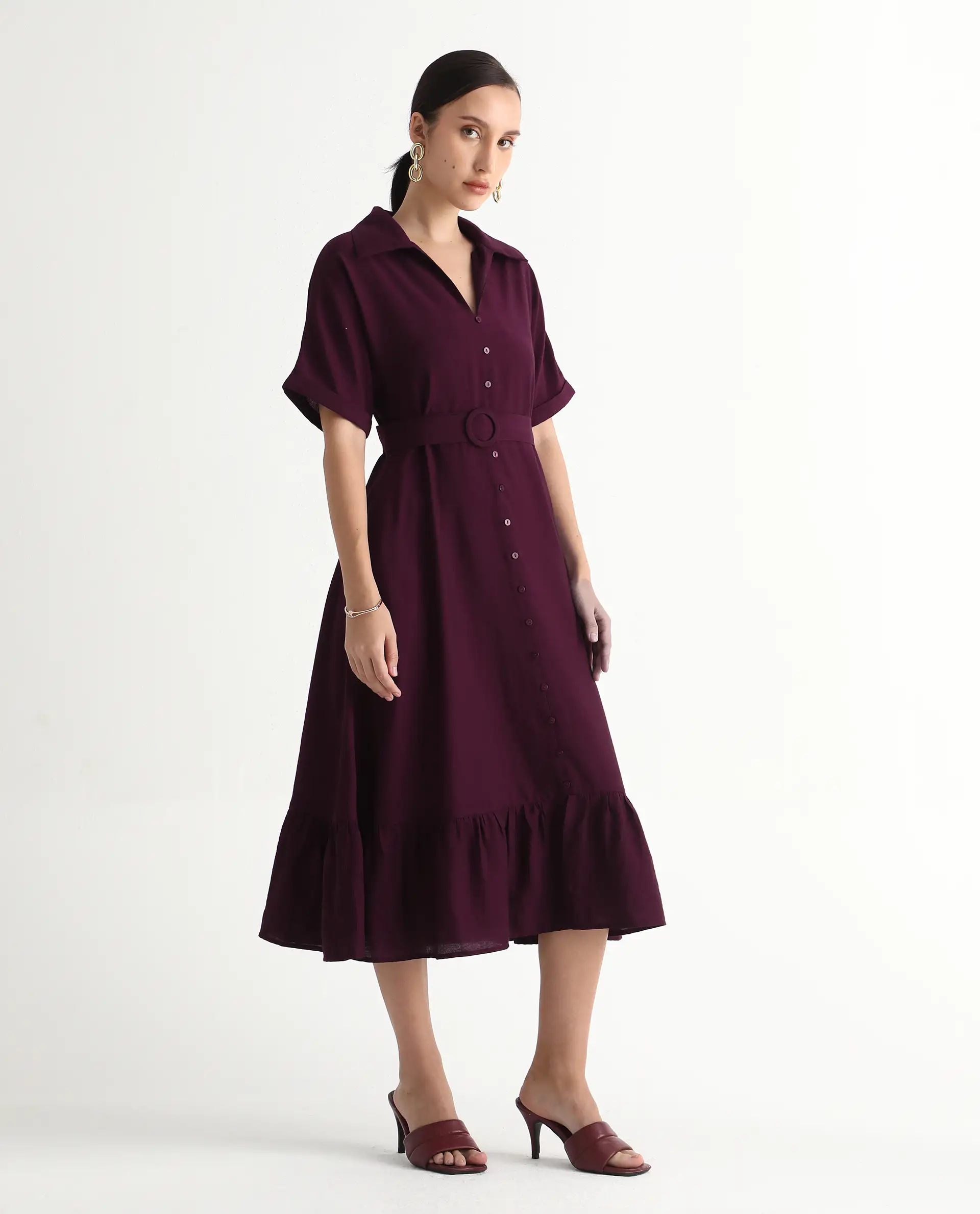 Rareism Women's Elhan Maroon Polyester Extended Sleeves Jonny Collar A-Line Fit Plain Midi Dress - Image 6