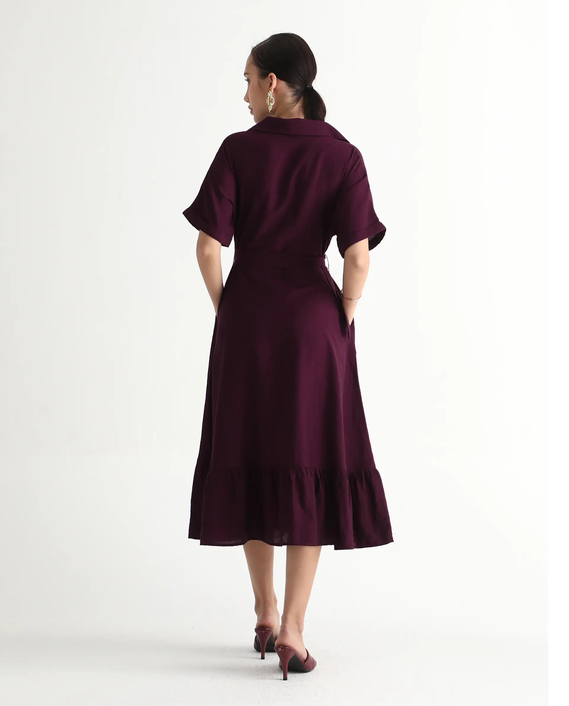 Rareism Women's Elhan Maroon Polyester Extended Sleeves Jonny Collar A-Line Fit Plain Midi Dress - Image 7