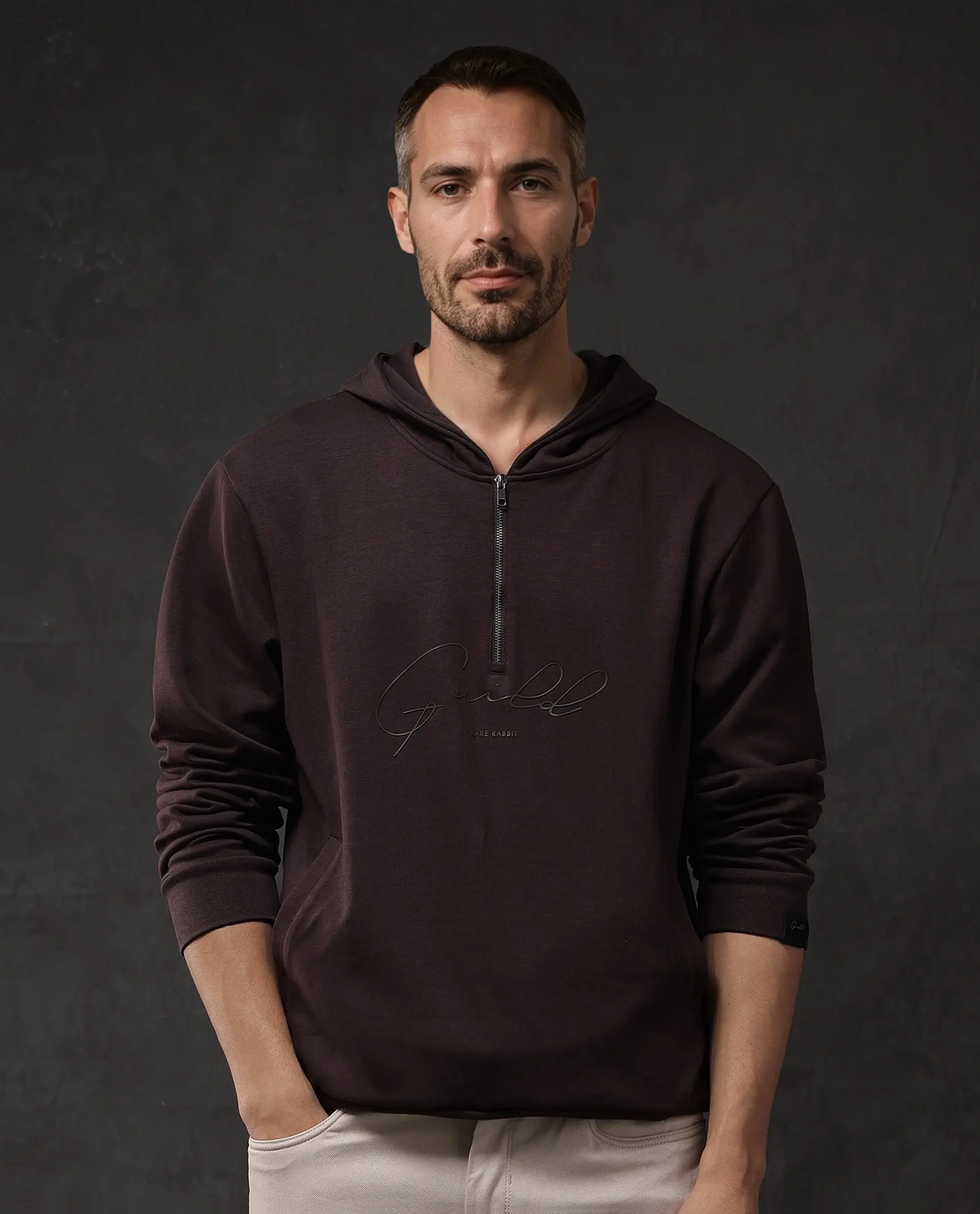 Rare Rabbit Men's Eli-2 Maroon Cotton Plain Regular Fit Full Sleeve Hooded Sweatshirt - Image 3