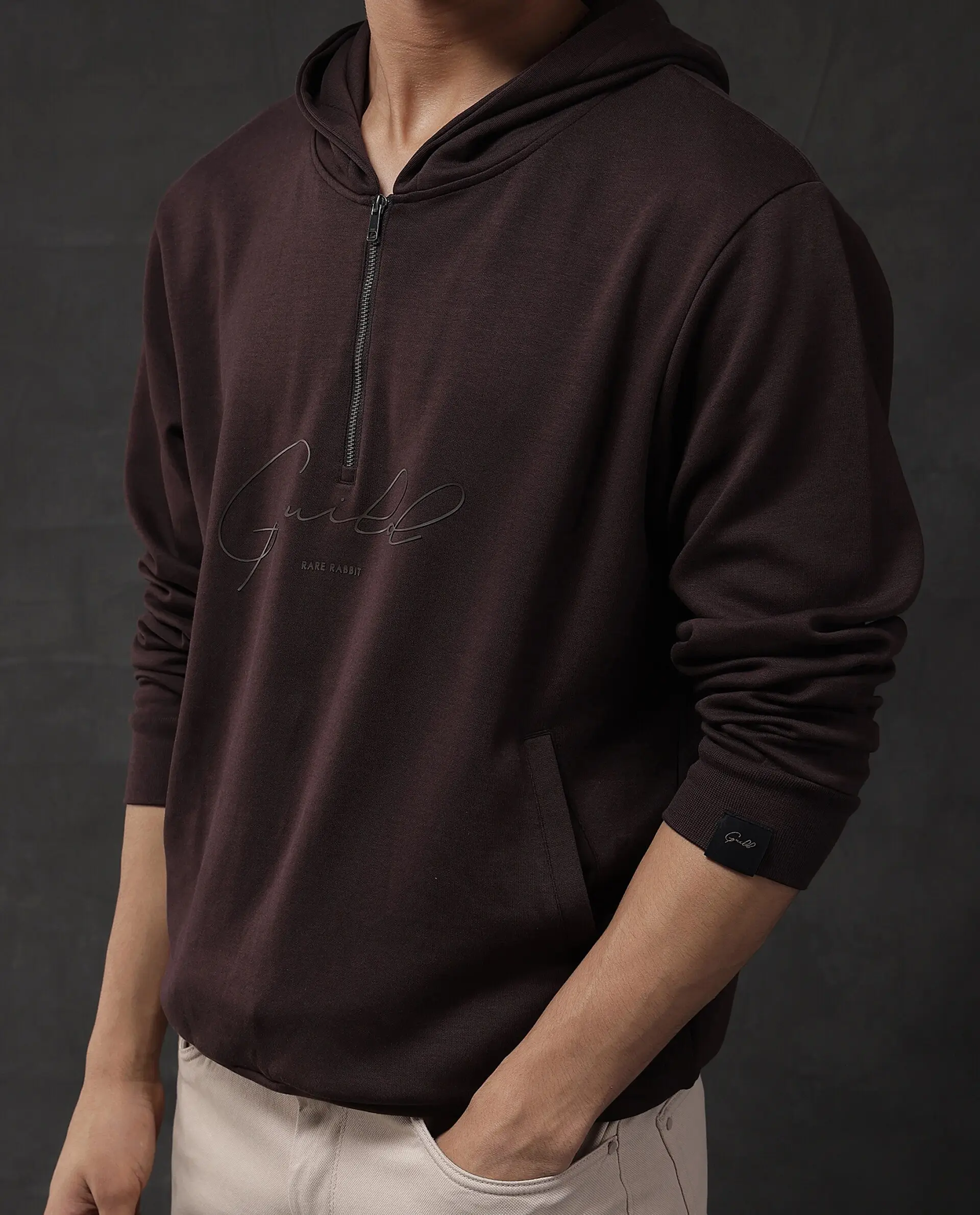 Rare Rabbit Men's Eli-2 Maroon Cotton Plain Regular Fit Full Sleeve Hooded Sweatshirt - Image 5
