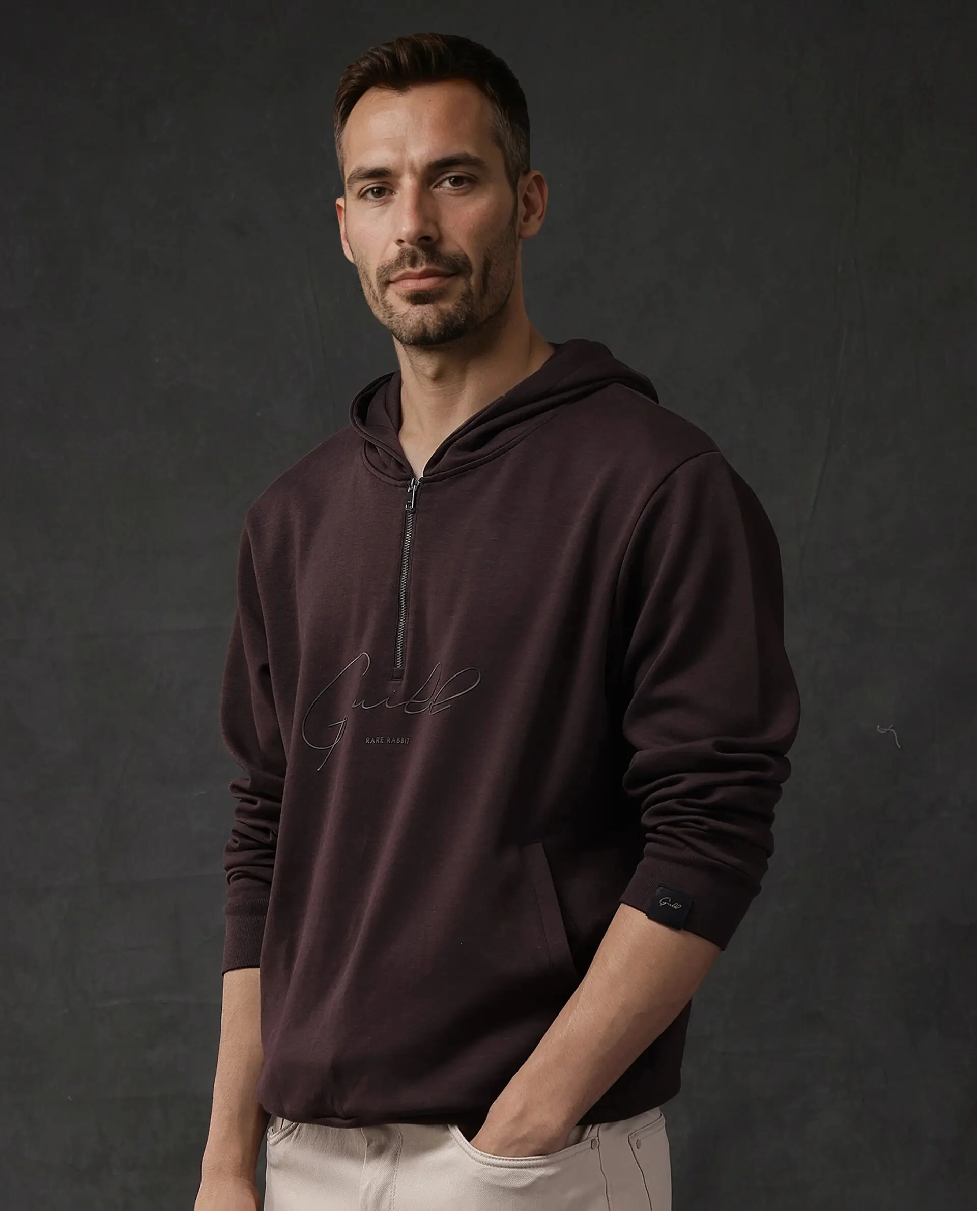 Rare Rabbit Men's Eli-2 Maroon Cotton Plain Regular Fit Full Sleeve Hooded Sweatshirt - Image 6