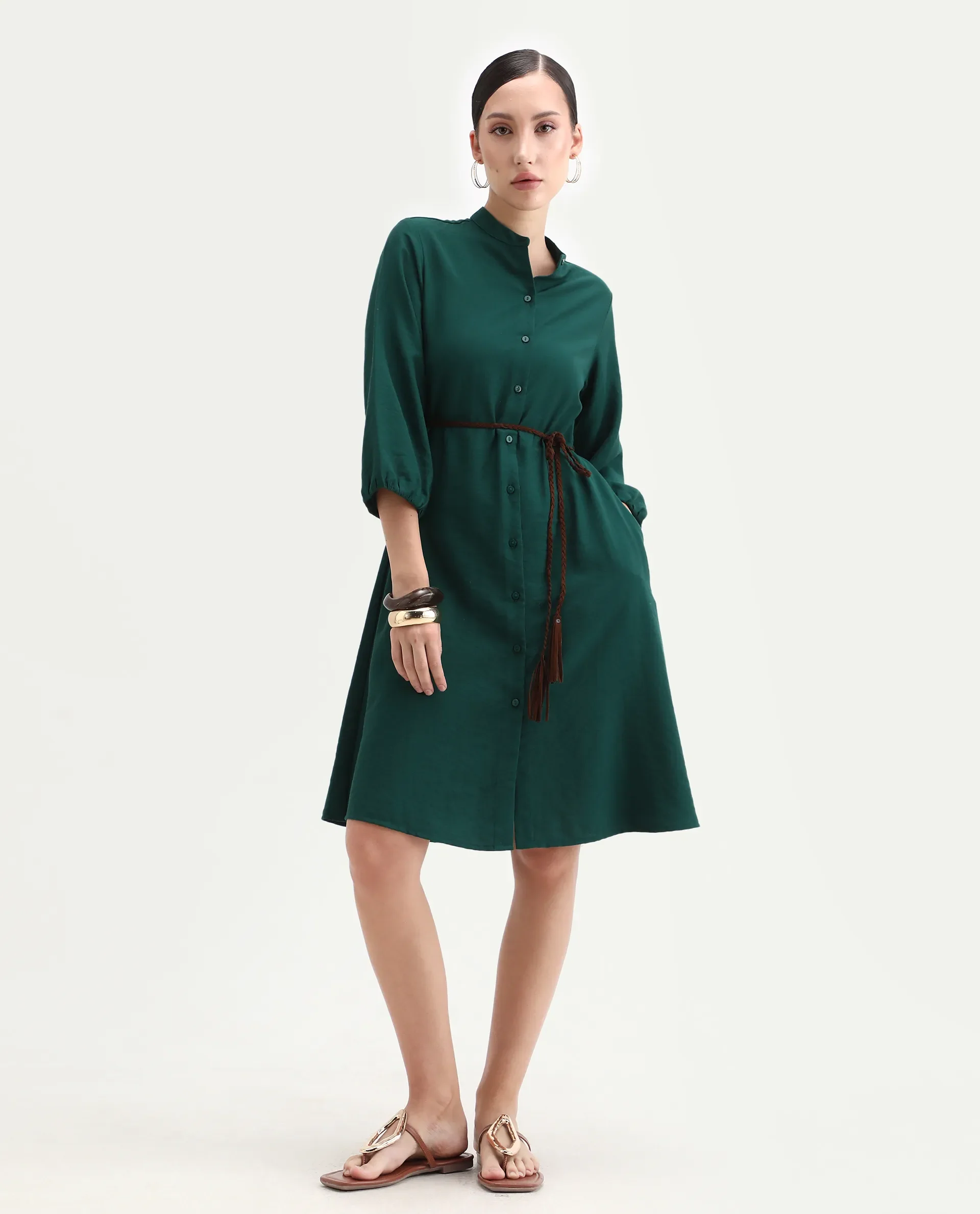 Rareism Women's Eliah Green Polyester Bishop Sleeve Mandarin Collar A-Line Fit Plain Dress - Image 2