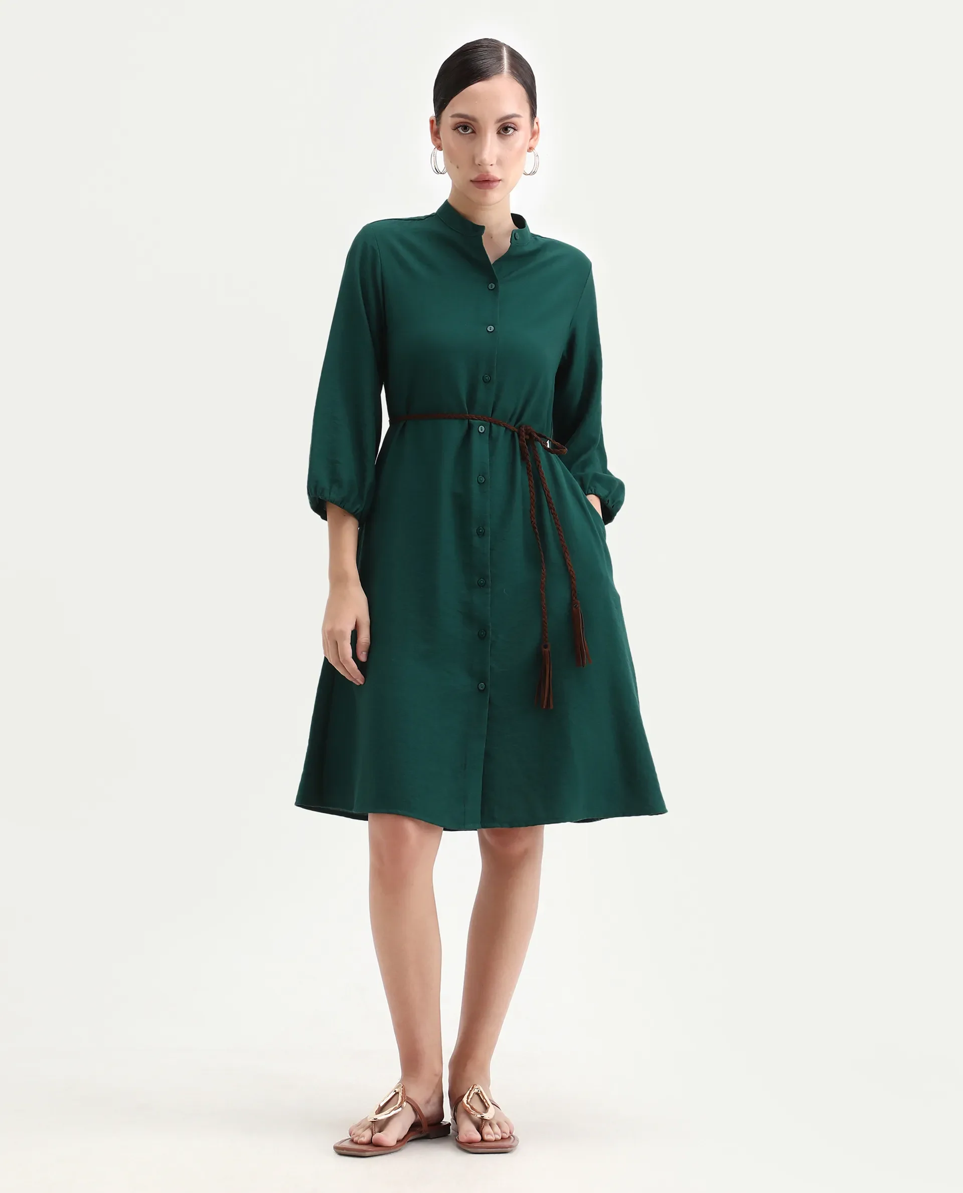 Rareism Women's Eliah Green Polyester Bishop Sleeve Mandarin Collar A-Line Fit Plain Dress - Image 3