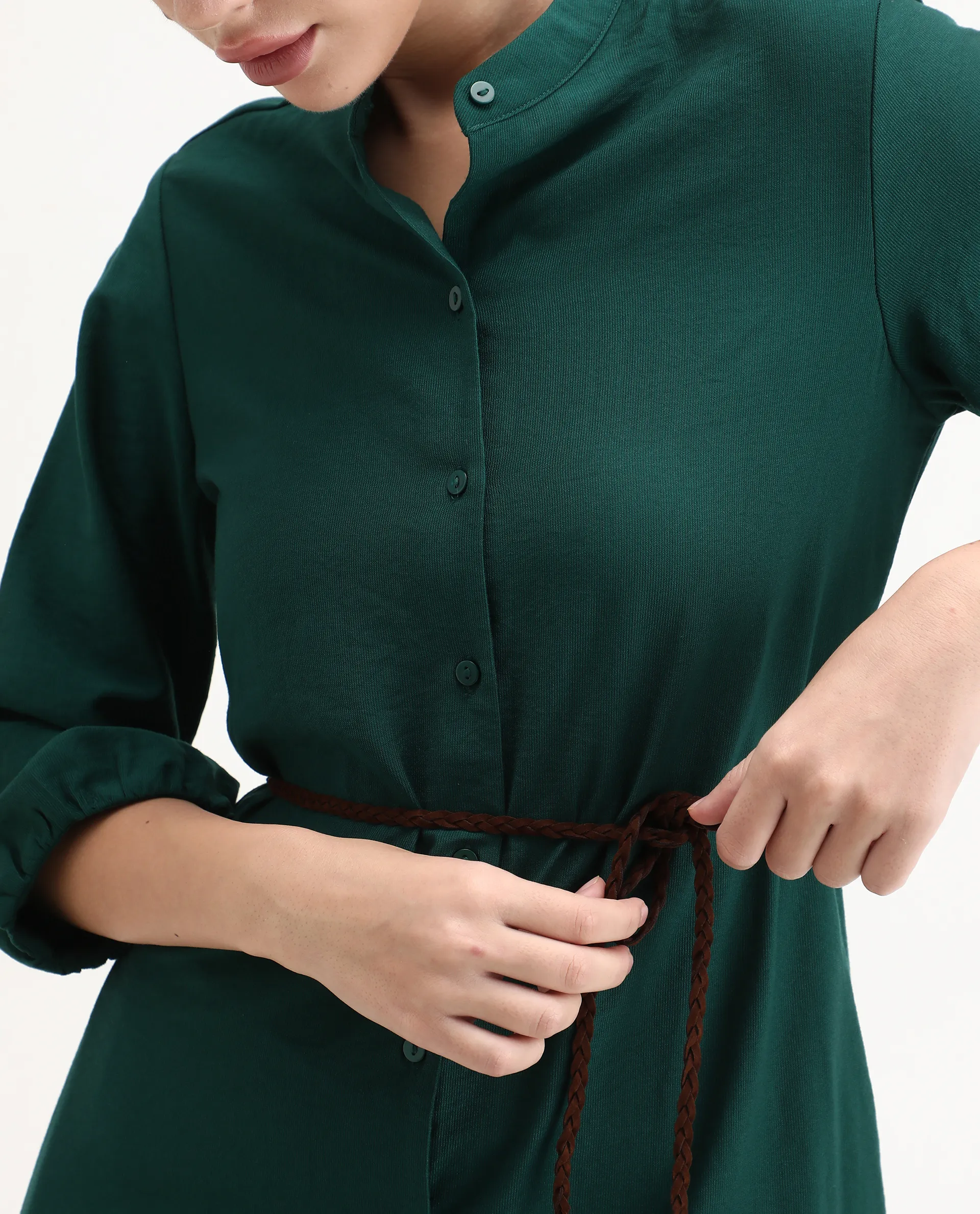 Rareism Women's Eliah Green Polyester Bishop Sleeve Mandarin Collar A-Line Fit Plain Dress - Image 4