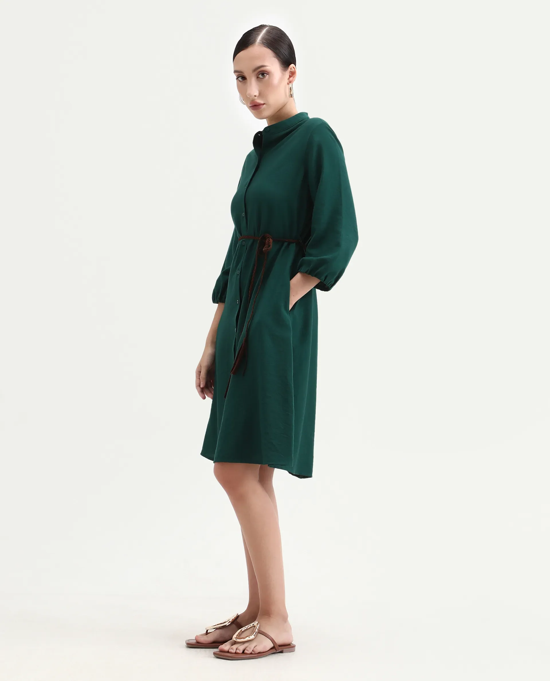 Rareism Women's Eliah Green Polyester Bishop Sleeve Mandarin Collar A-Line Fit Plain Dress - Image 5