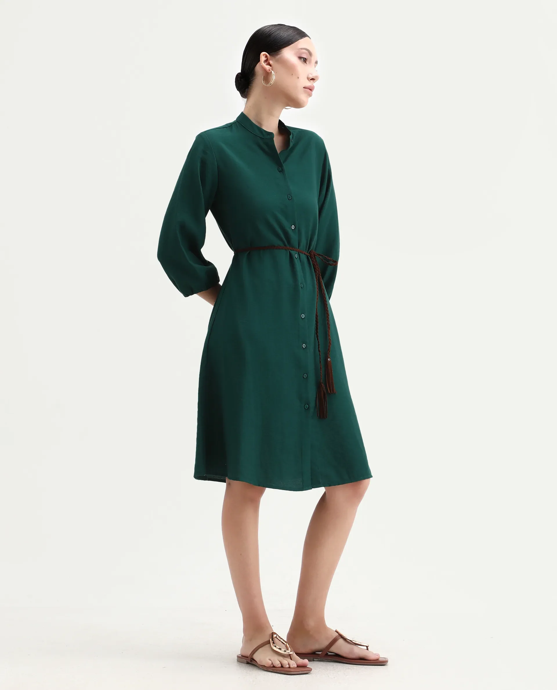 Rareism Women's Eliah Green Polyester Bishop Sleeve Mandarin Collar A-Line Fit Plain Dress - Image 6