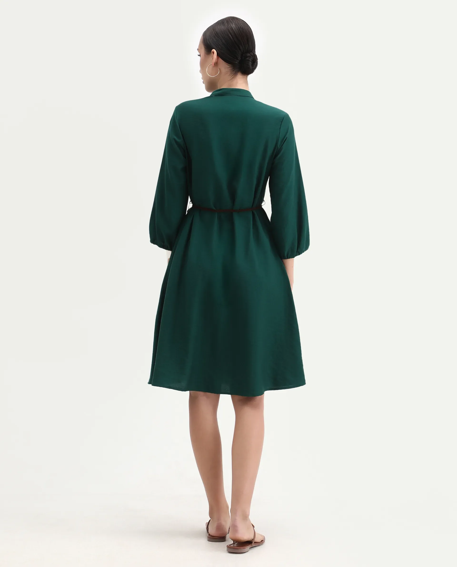 Rareism Women's Eliah Green Polyester Bishop Sleeve Mandarin Collar A-Line Fit Plain Dress - Image 7