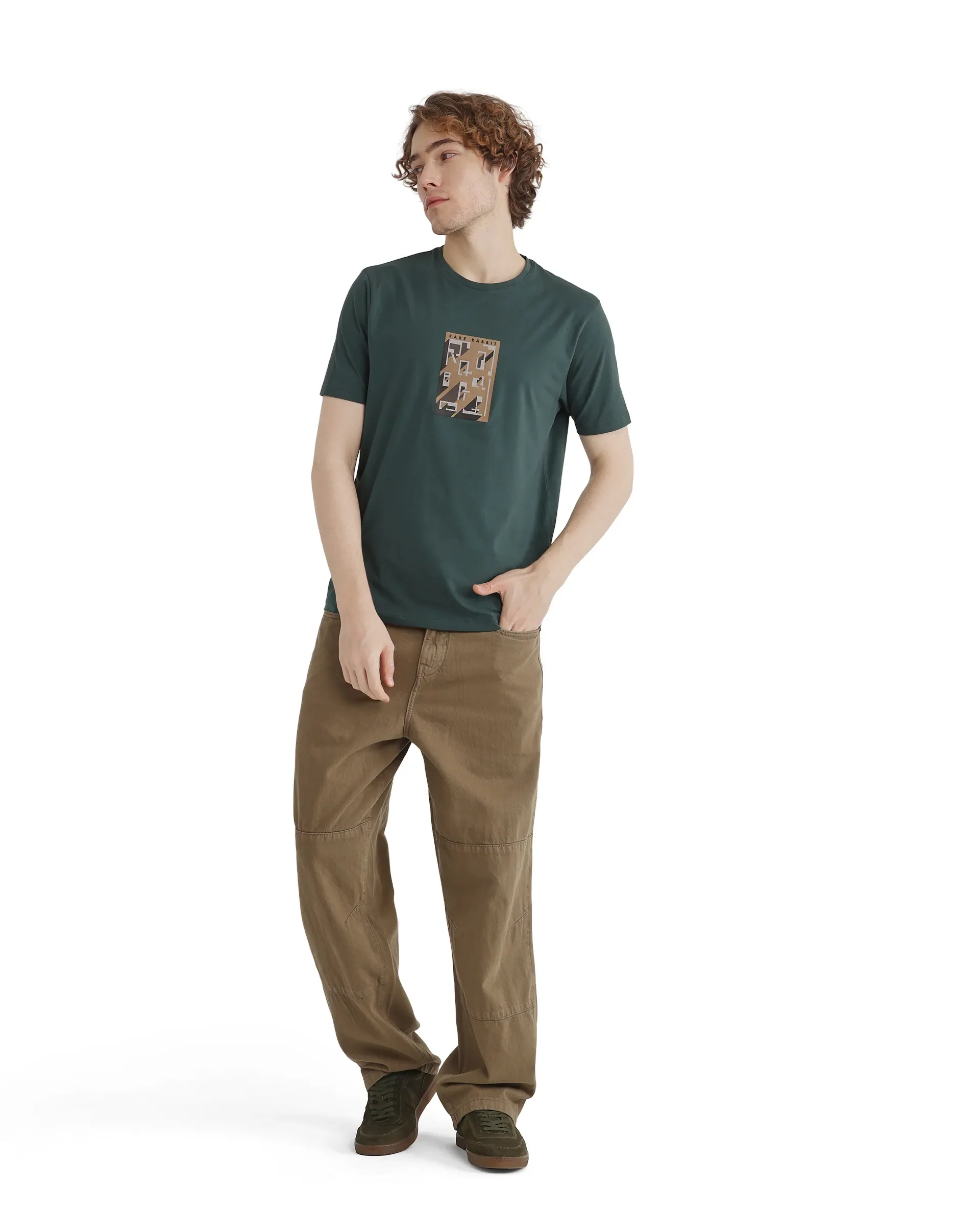 Rare Rabbit Men's Elih Dusky Green Cotton Blend Graphic Print Regular Fit Half Sleeve Crew Neck T-Shirt - Image 2