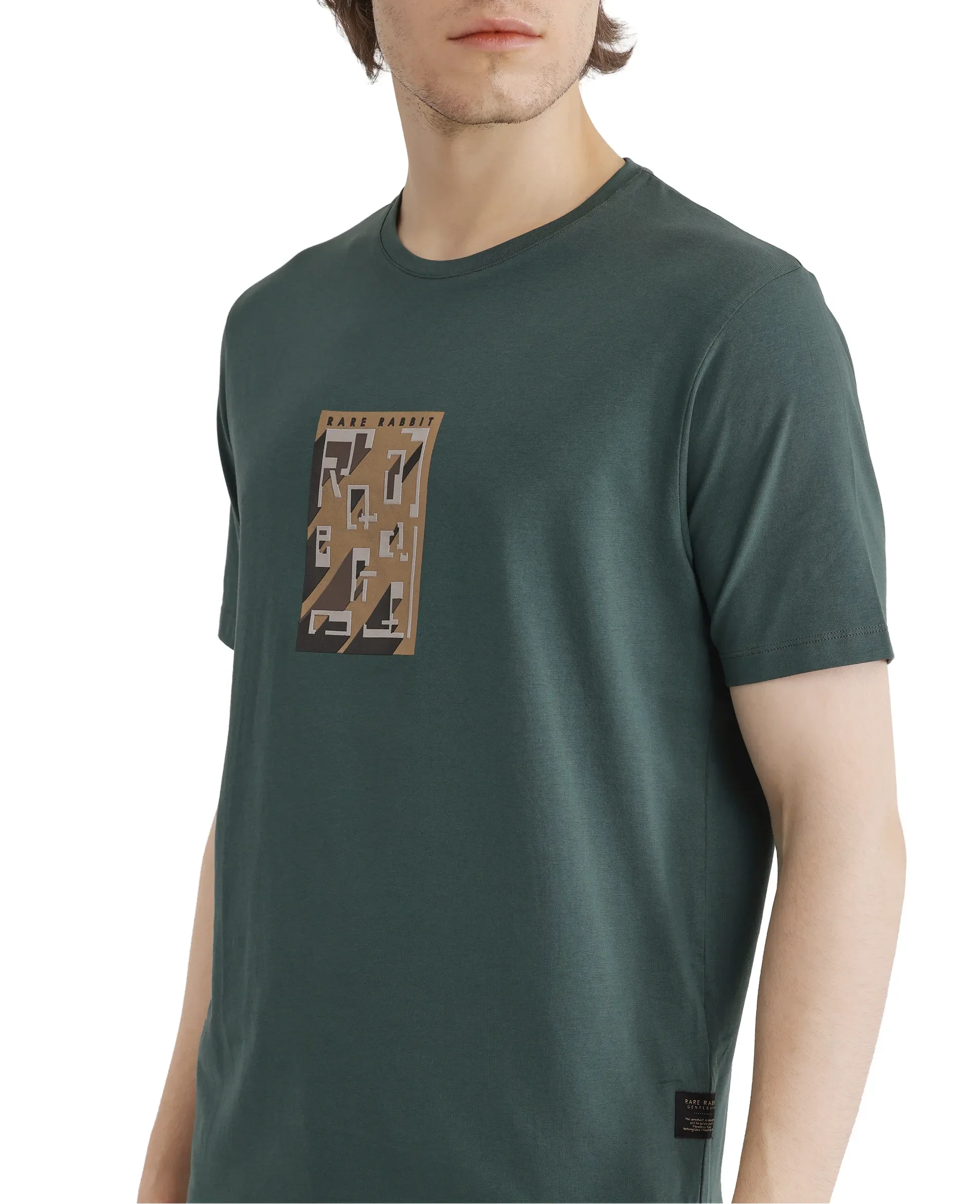Rare Rabbit Men's Elih Dusky Green Cotton Blend Graphic Print Regular Fit Half Sleeve Crew Neck T-Shirt - Image 3