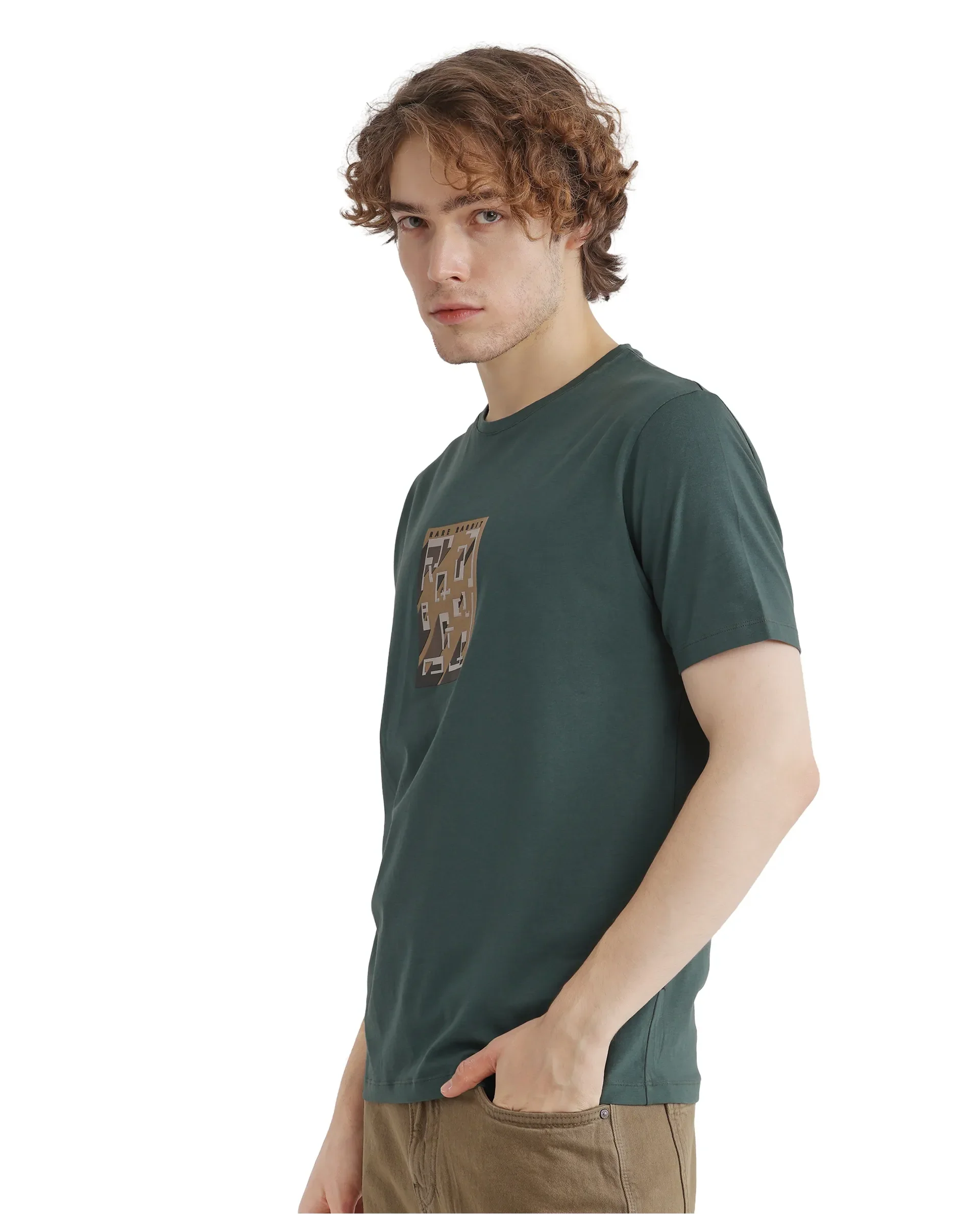 Rare Rabbit Men's Elih Dusky Green Cotton Blend Graphic Print Regular Fit Half Sleeve Crew Neck T-Shirt - Image 5