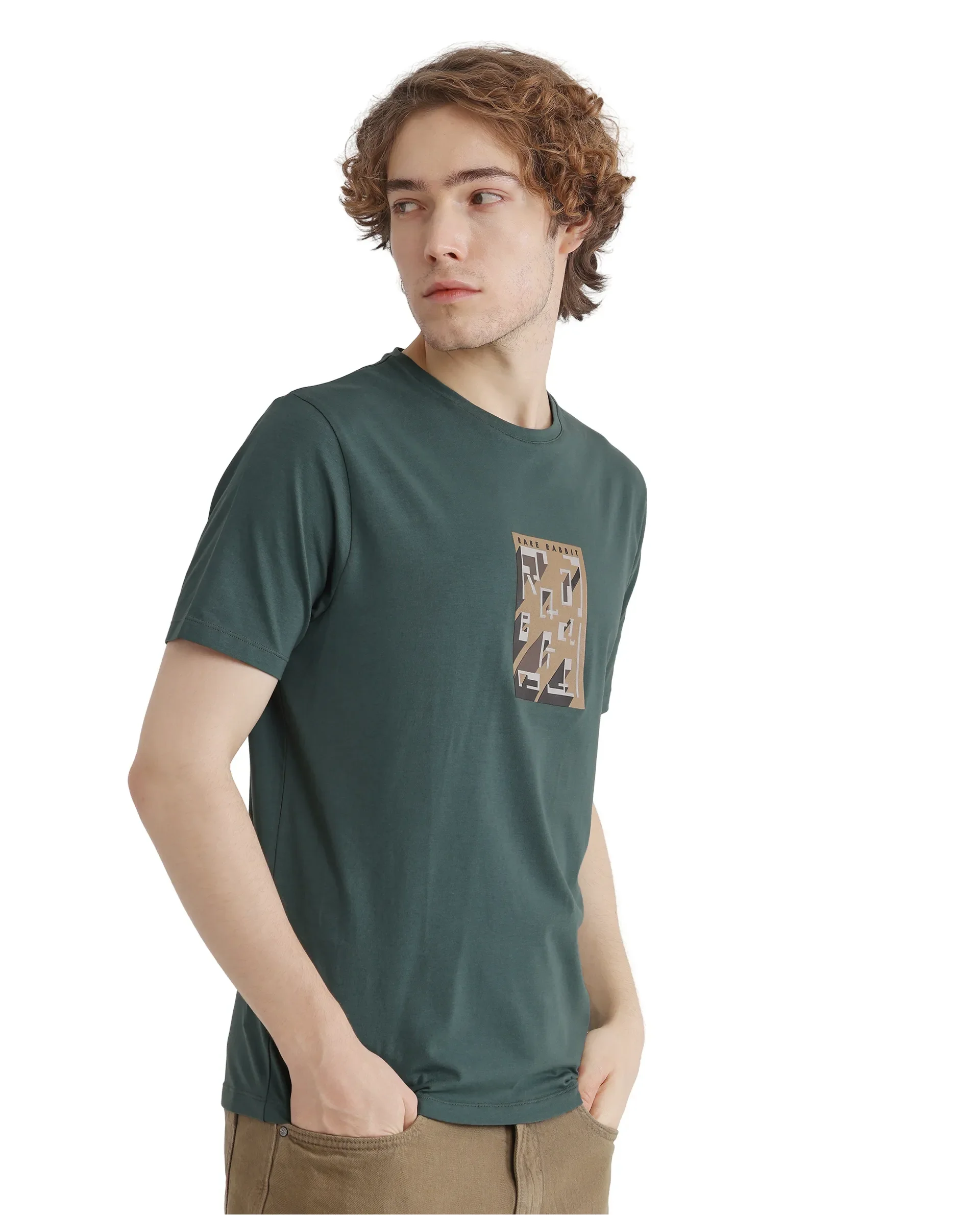Rare Rabbit Men's Elih Dusky Green Cotton Blend Graphic Print Regular Fit Half Sleeve Crew Neck T-Shirt - Image 6