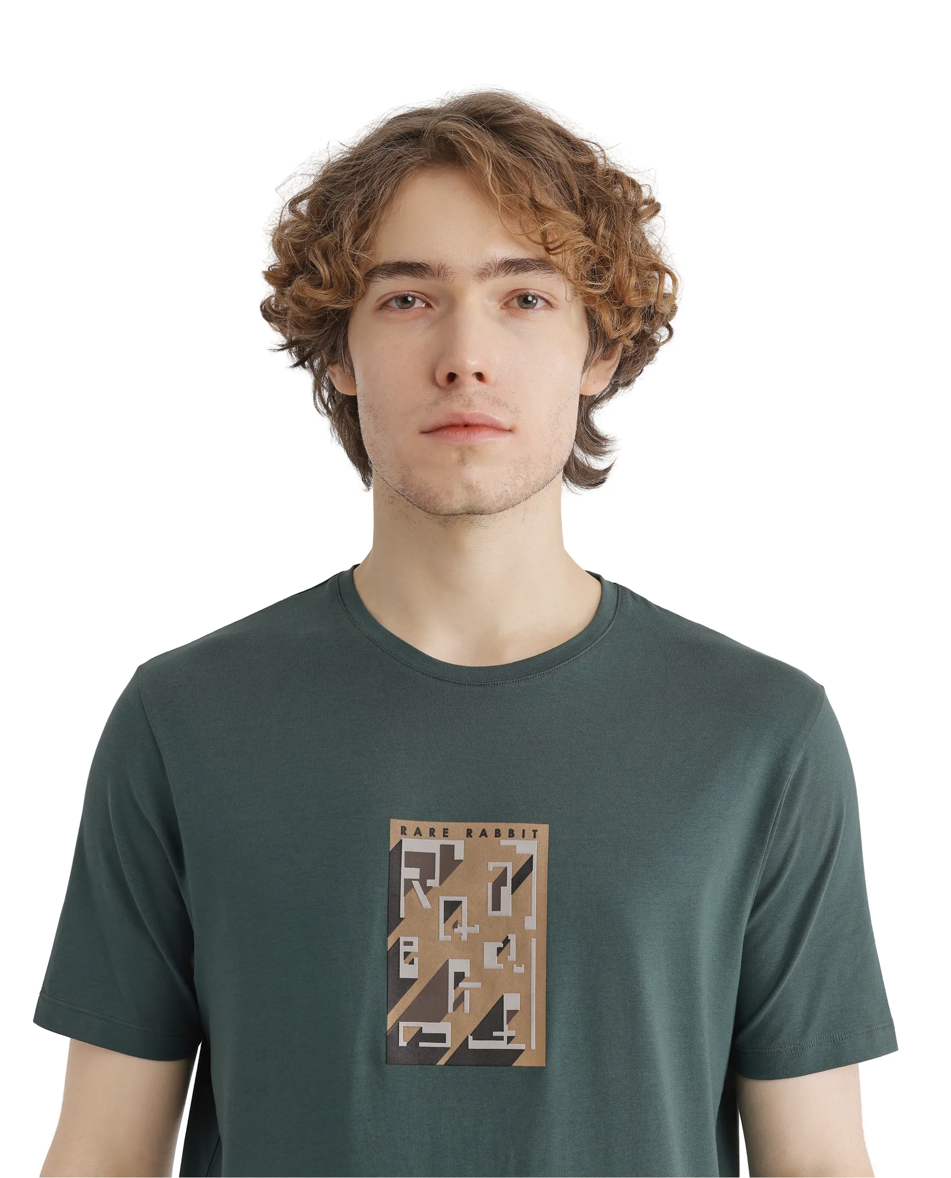 Rare Rabbit Men's Elih Dusky Green Cotton Blend Graphic Print Regular Fit Half Sleeve Crew Neck T-Shirt - Image 7