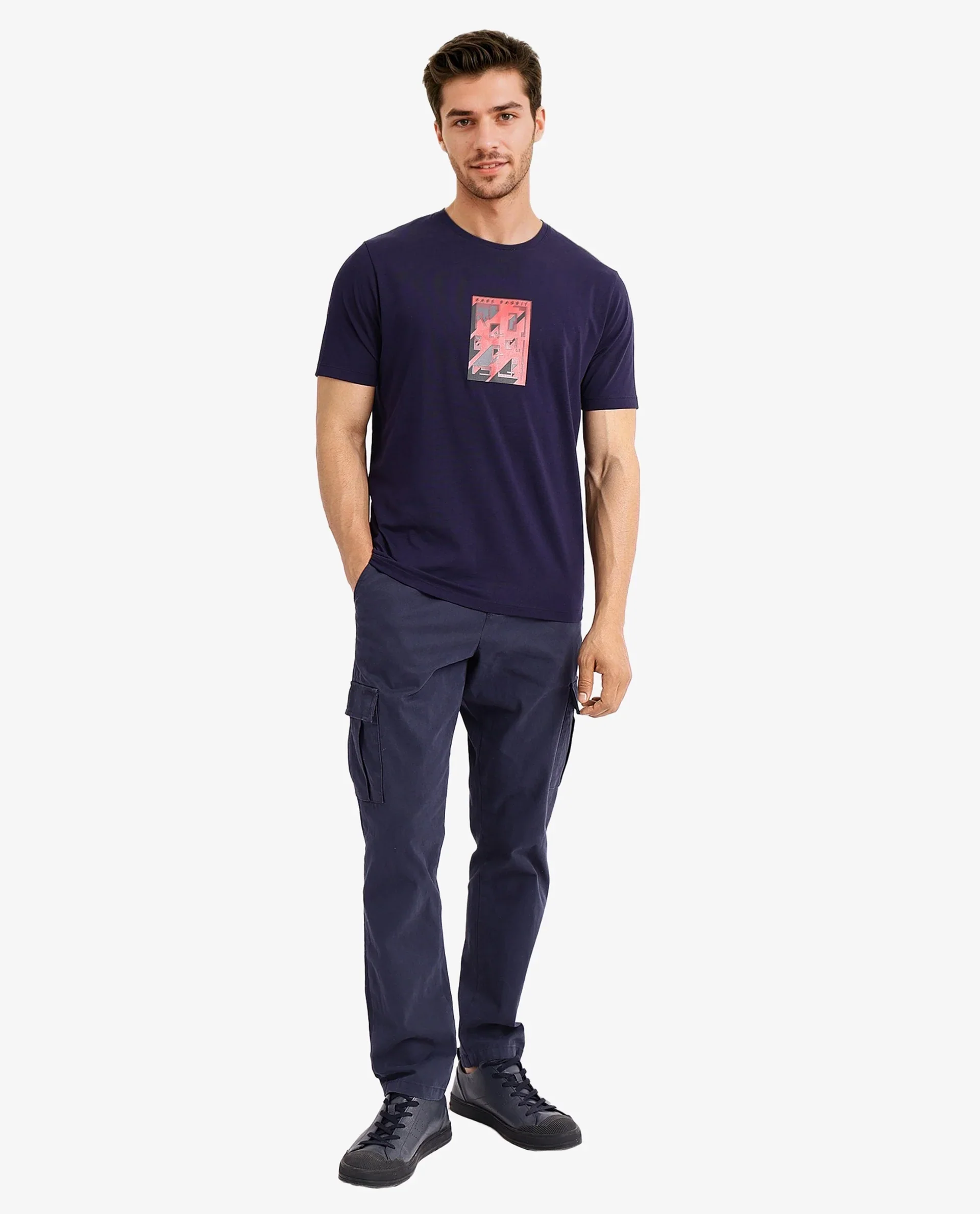 Rare Rabbit Men's Elih Navy Cotton Blend Graphic Print Regular Fit Half Sleeve Crew Neck T-Shirt - Image 2