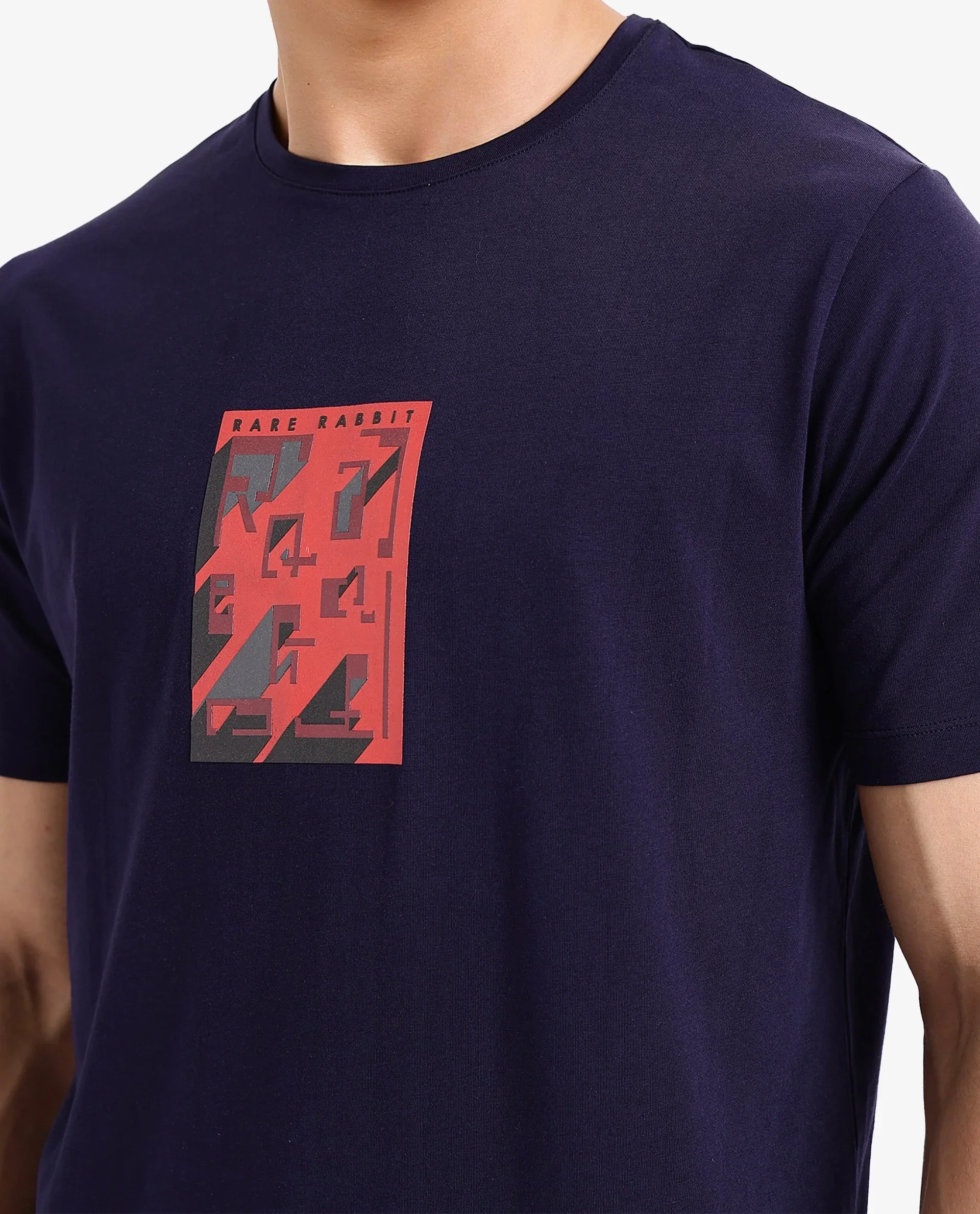 Rare Rabbit Men's Elih Navy Cotton Blend Graphic Print Regular Fit Half Sleeve Crew Neck T-Shirt - Image 3