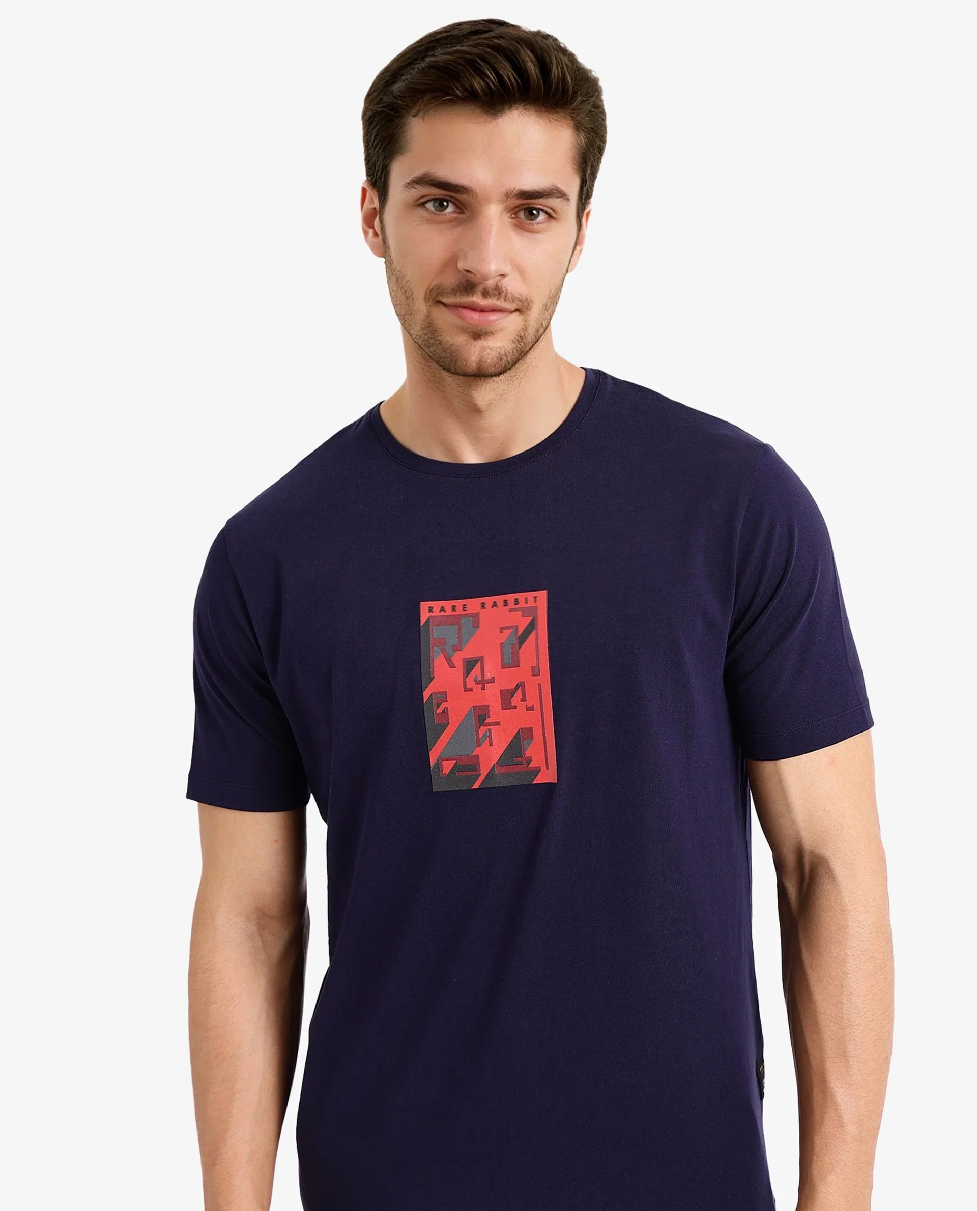 Rare Rabbit Men's Elih Navy Cotton Blend Graphic Print Regular Fit Half Sleeve Crew Neck T-Shirt - Image 5