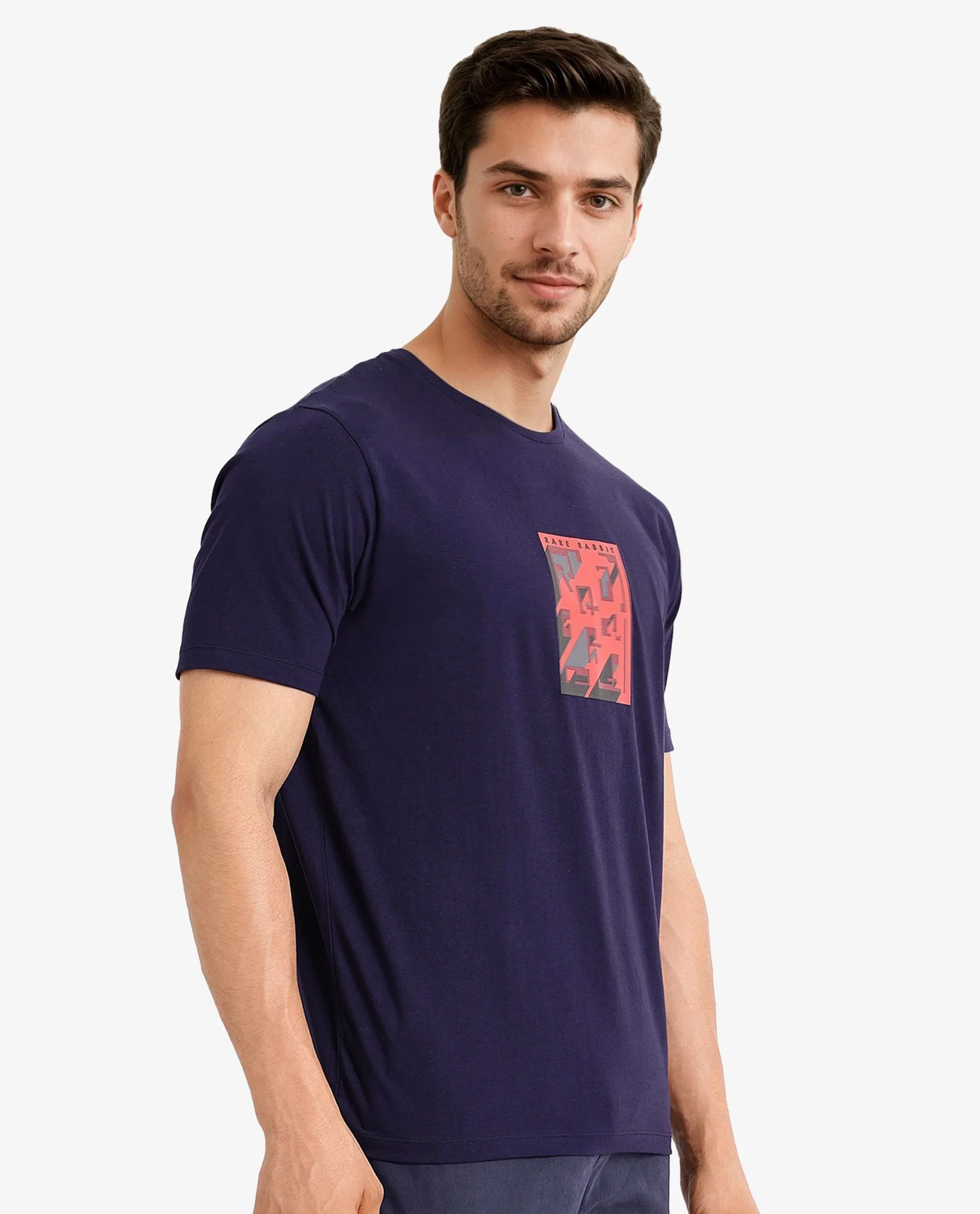 Rare Rabbit Men's Elih Navy Cotton Blend Graphic Print Regular Fit Half Sleeve Crew Neck T-Shirt - Image 6