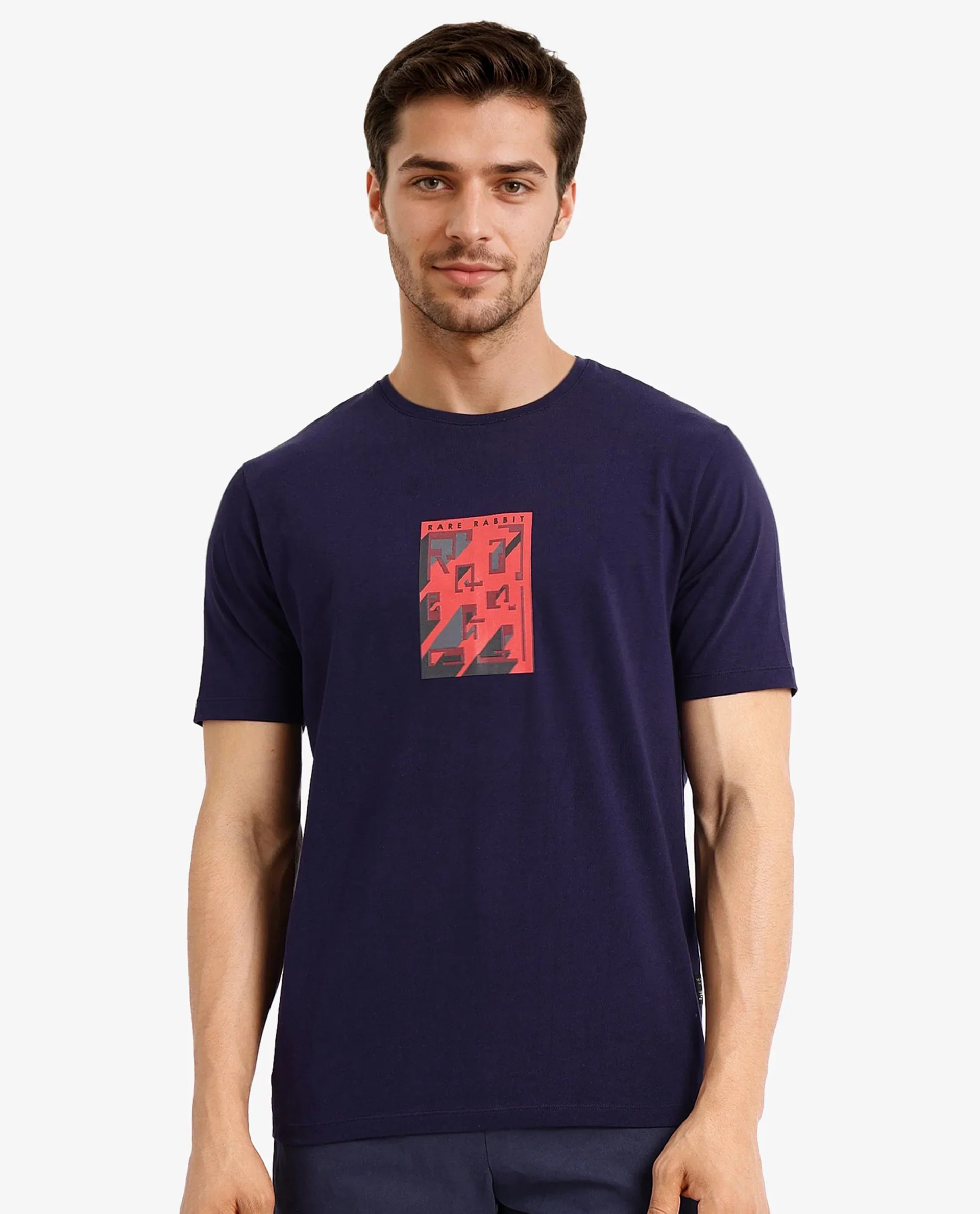 Rare Rabbit Men's Elih Navy Cotton Blend Graphic Print Regular Fit Half Sleeve Crew Neck T-Shirt - Image 7