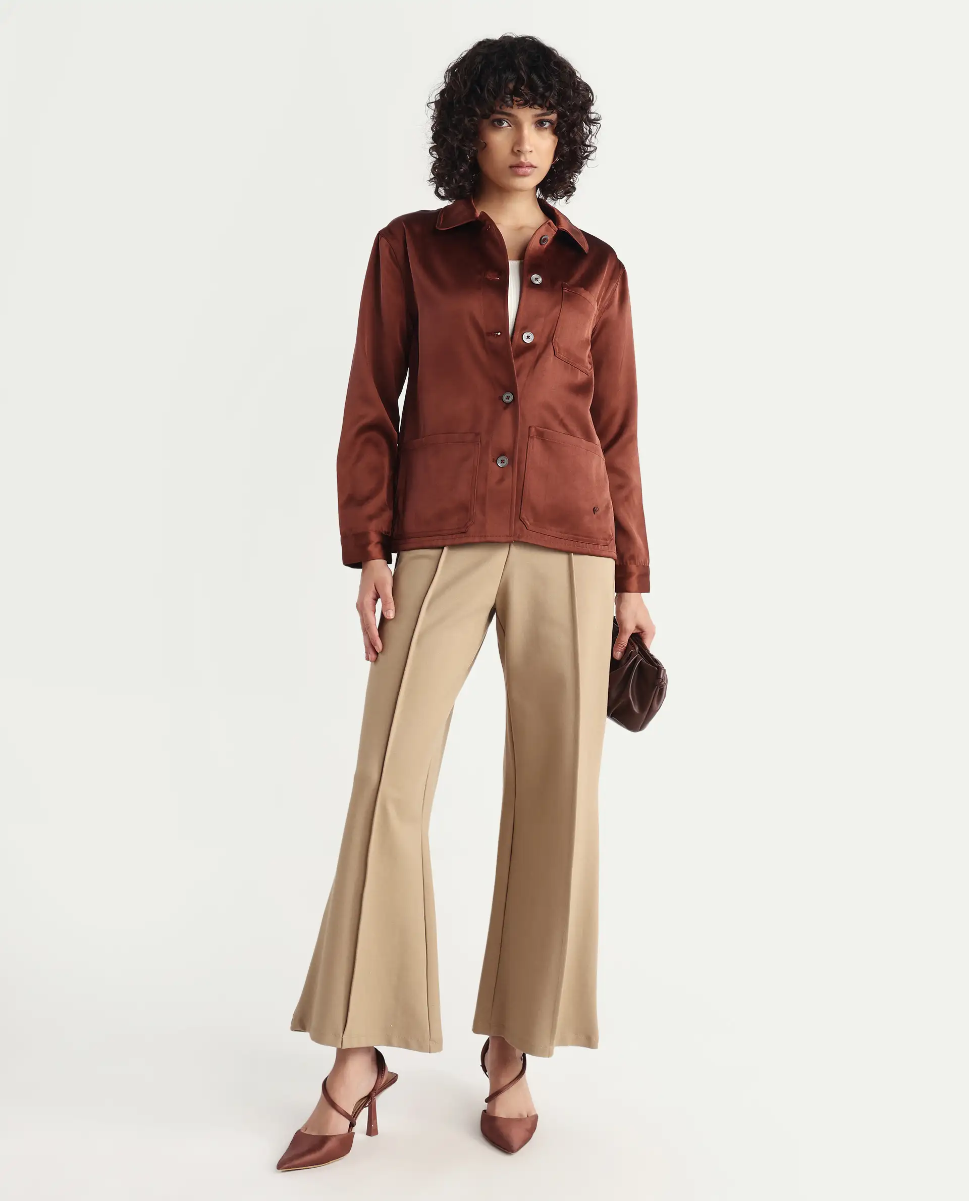 Rareism Women's Elika Brown Polyester Spread Collar Plain Regular Fit Jacket - Image 2