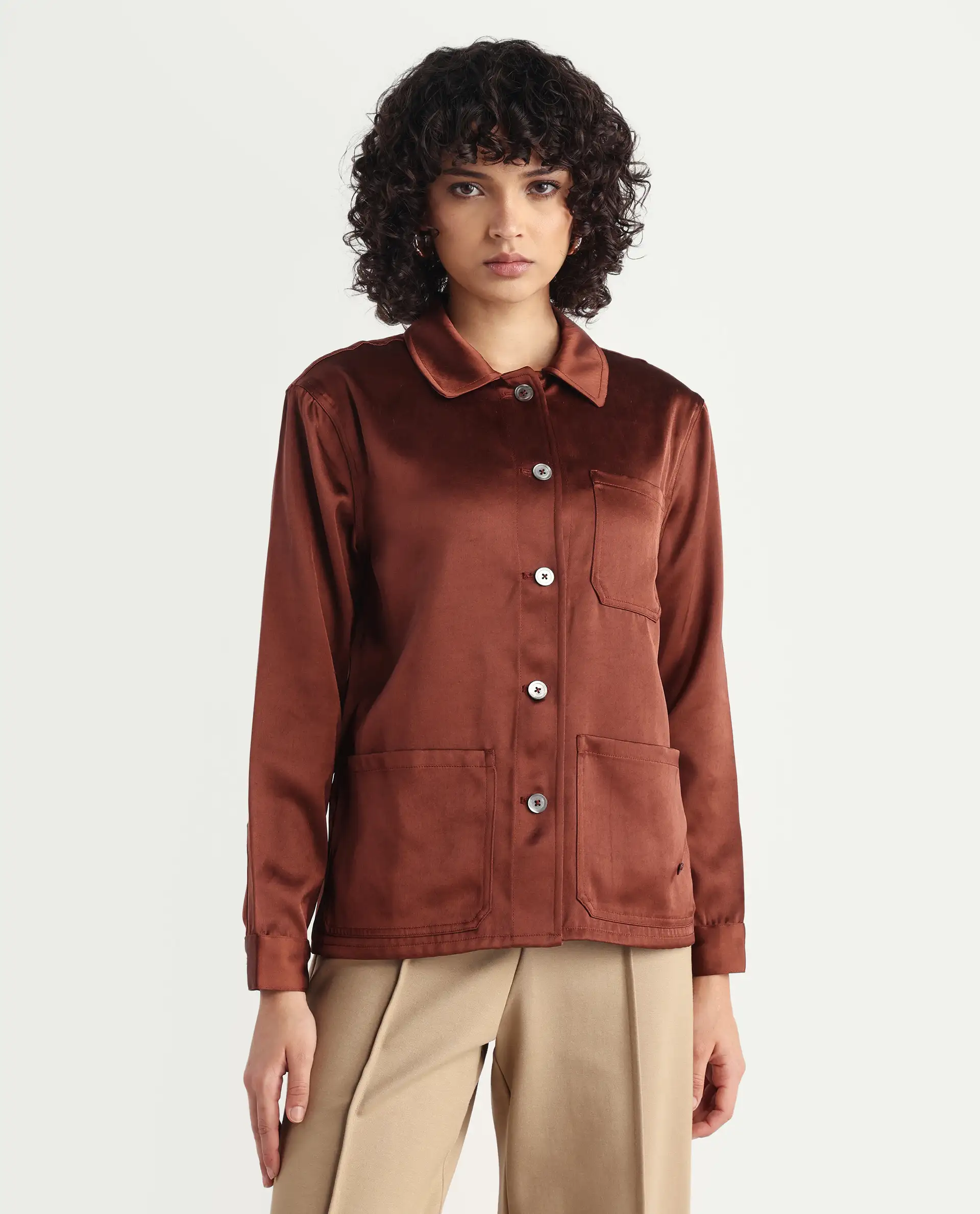 Rareism Women's Elika Brown Polyester Spread Collar Plain Regular Fit Jacket - Image 3