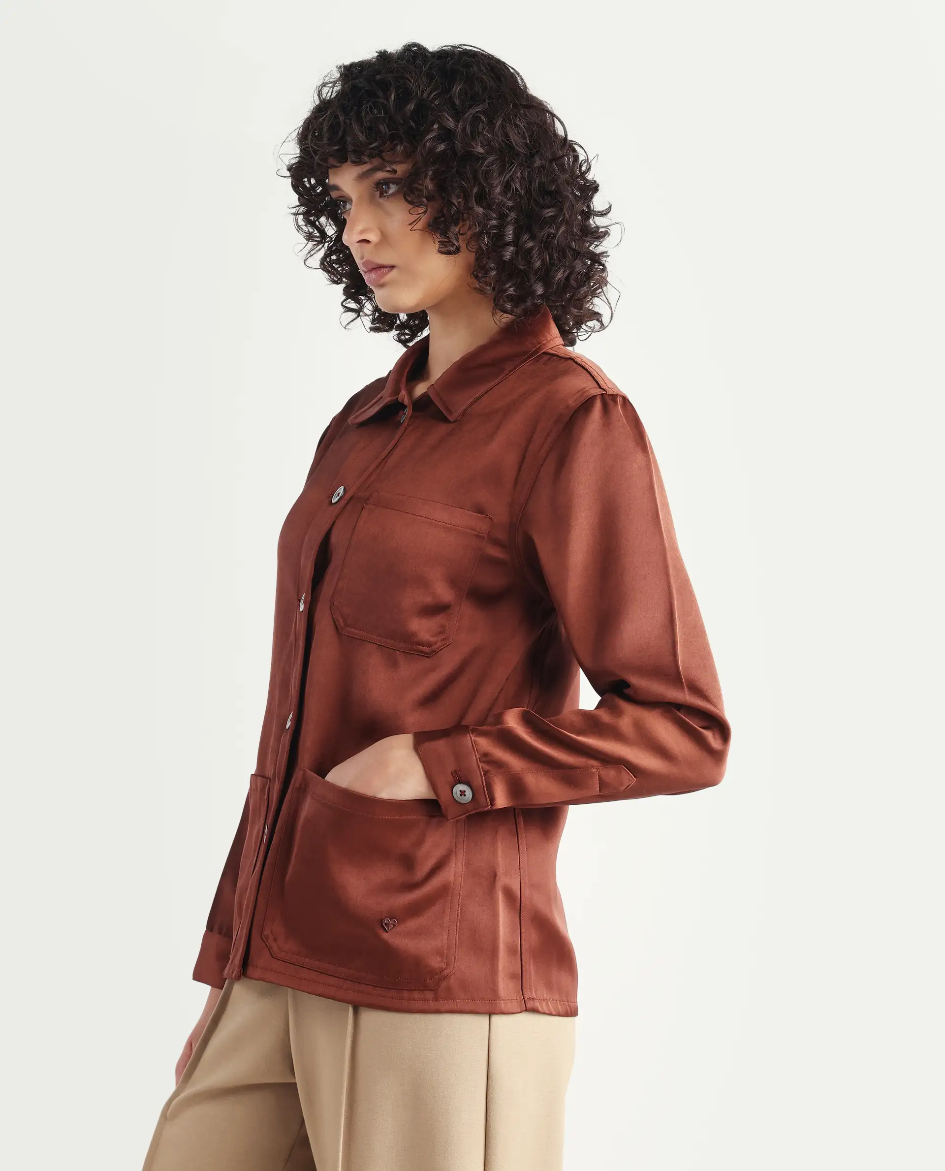 Rareism Women's Elika Brown Polyester Spread Collar Plain Regular Fit Jacket - Image 4