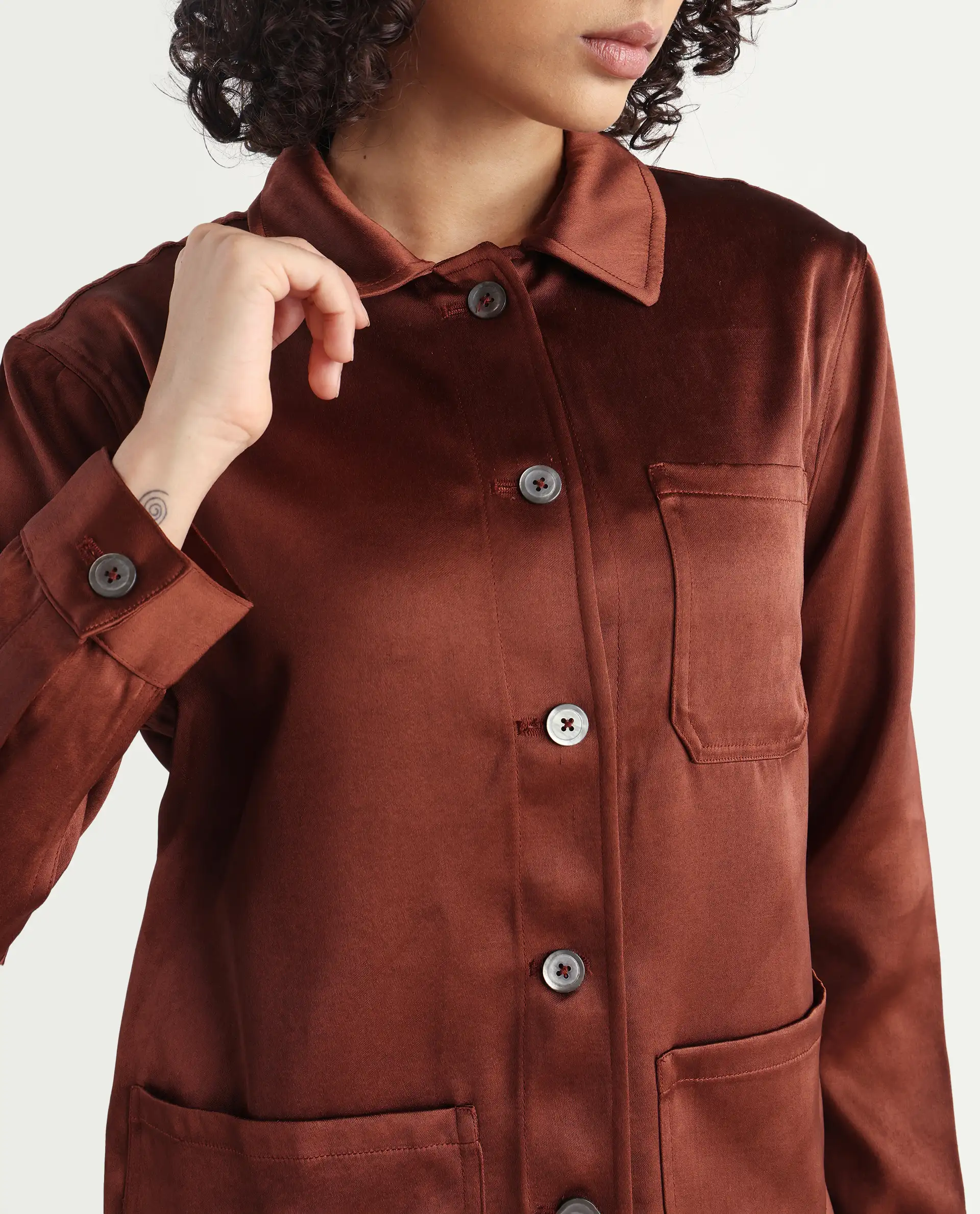 Rareism Women's Elika Brown Polyester Spread Collar Plain Regular Fit Jacket - Image 5
